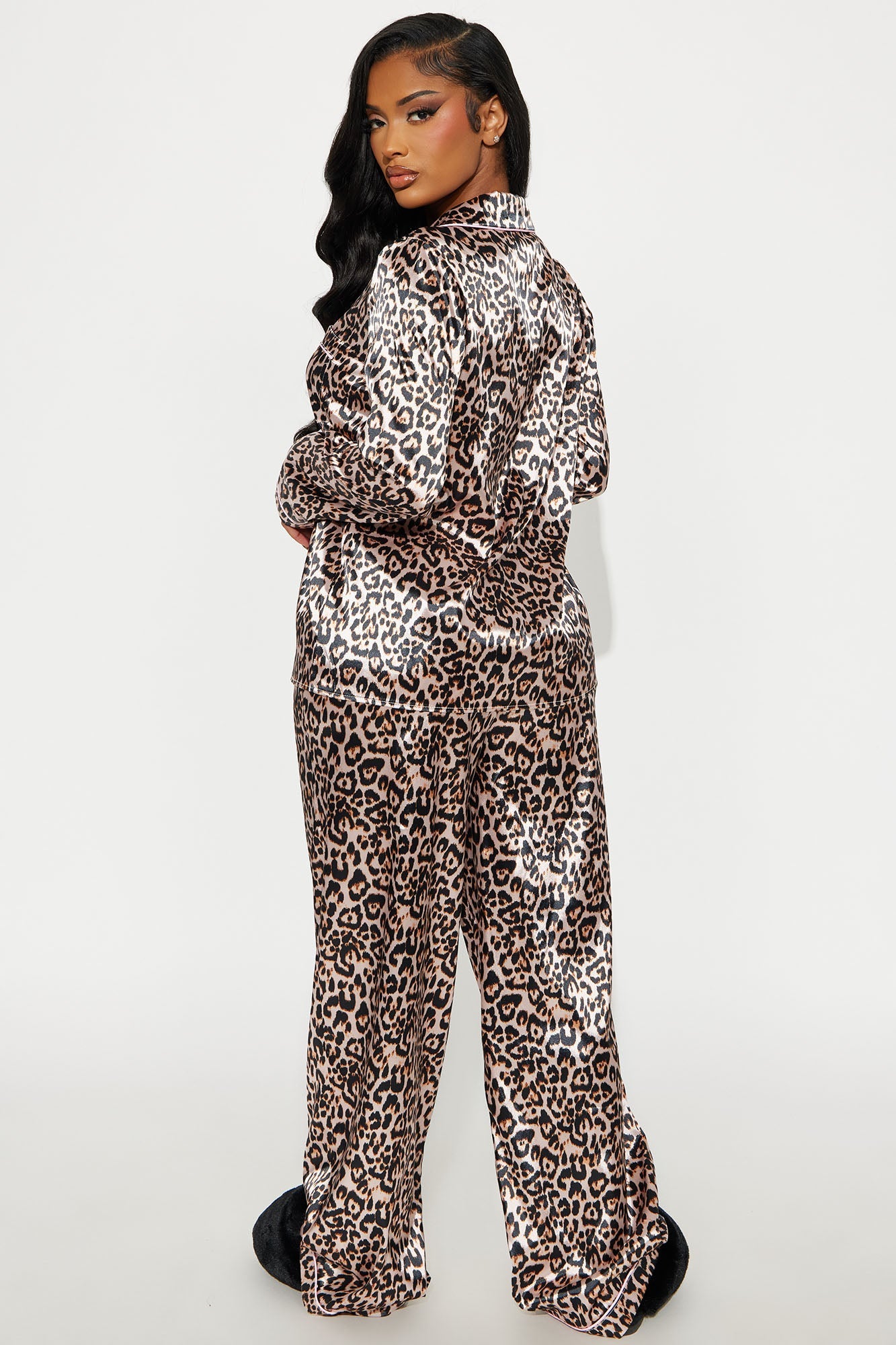 Bedtime Stretch Satin Long Sleeve PJ Pant Set - Leopard