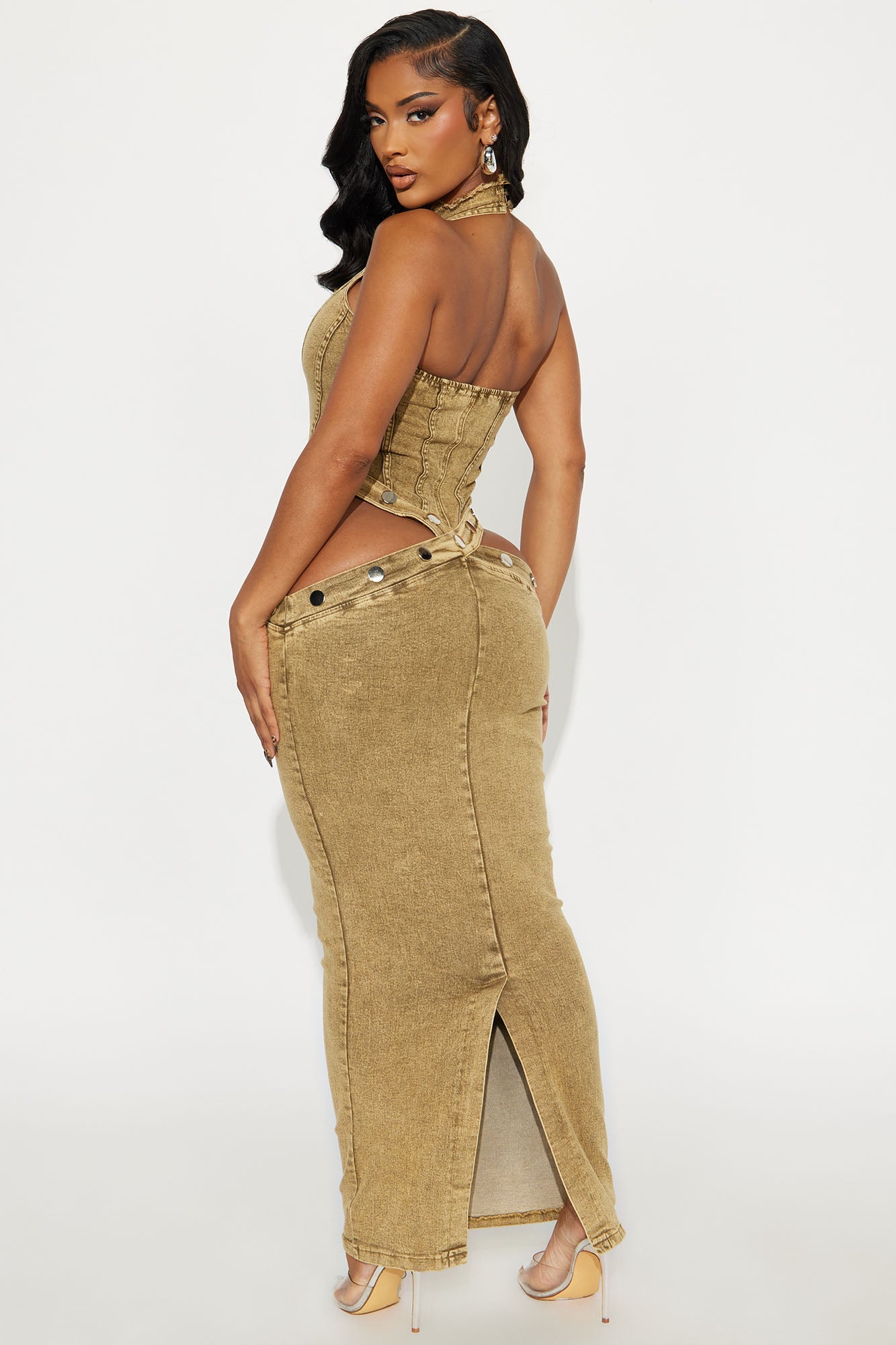 Gabriette Denim Cut Out Maxi Dress - Olive