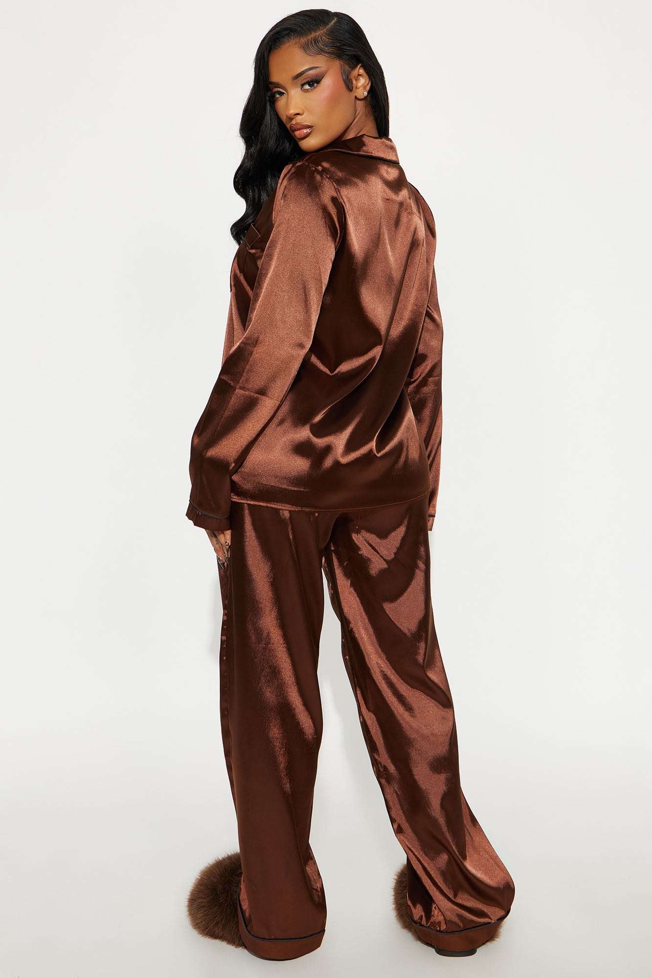 Bedtime Stretch Satin Long Sleeve PJ Pant Set - Chocolate