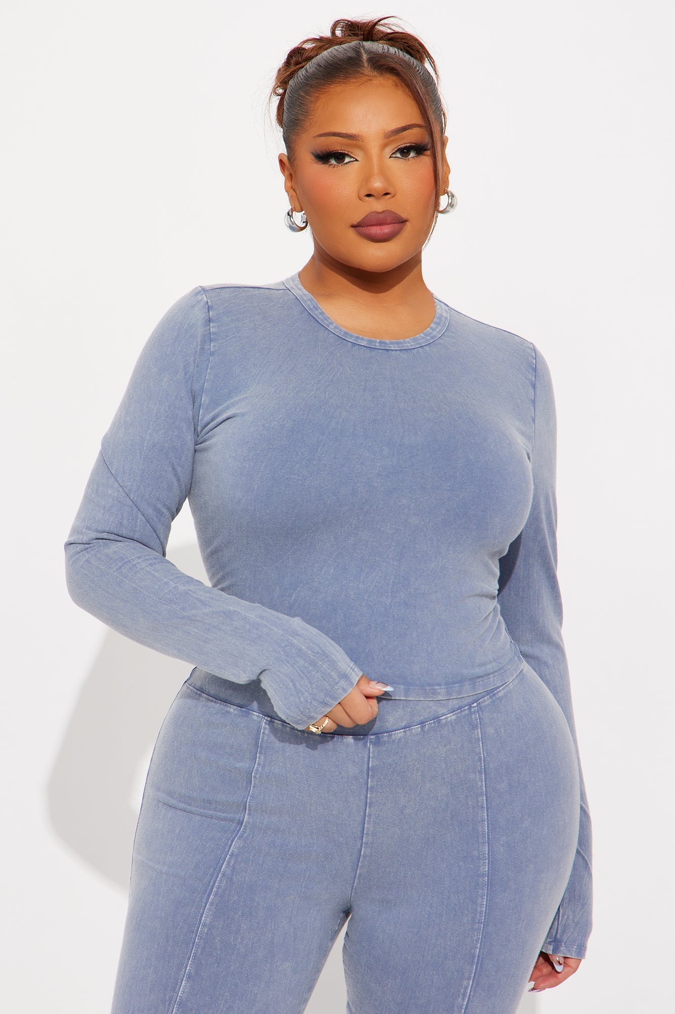 Hear Me Out Long Sleeve Mineral Wash Pant Set - Blue