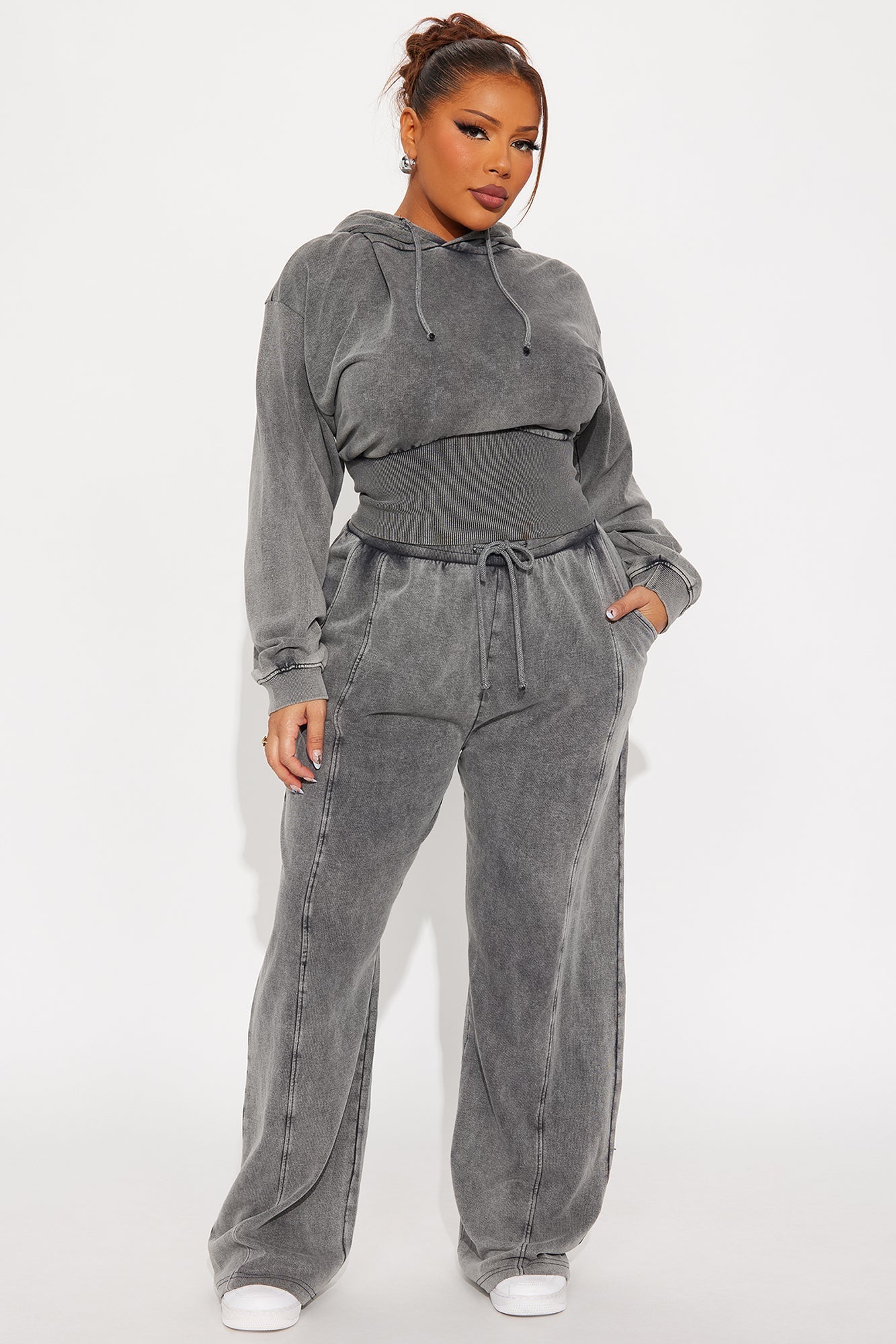 My Type Rib Waist Fleece Pant Set - Grey