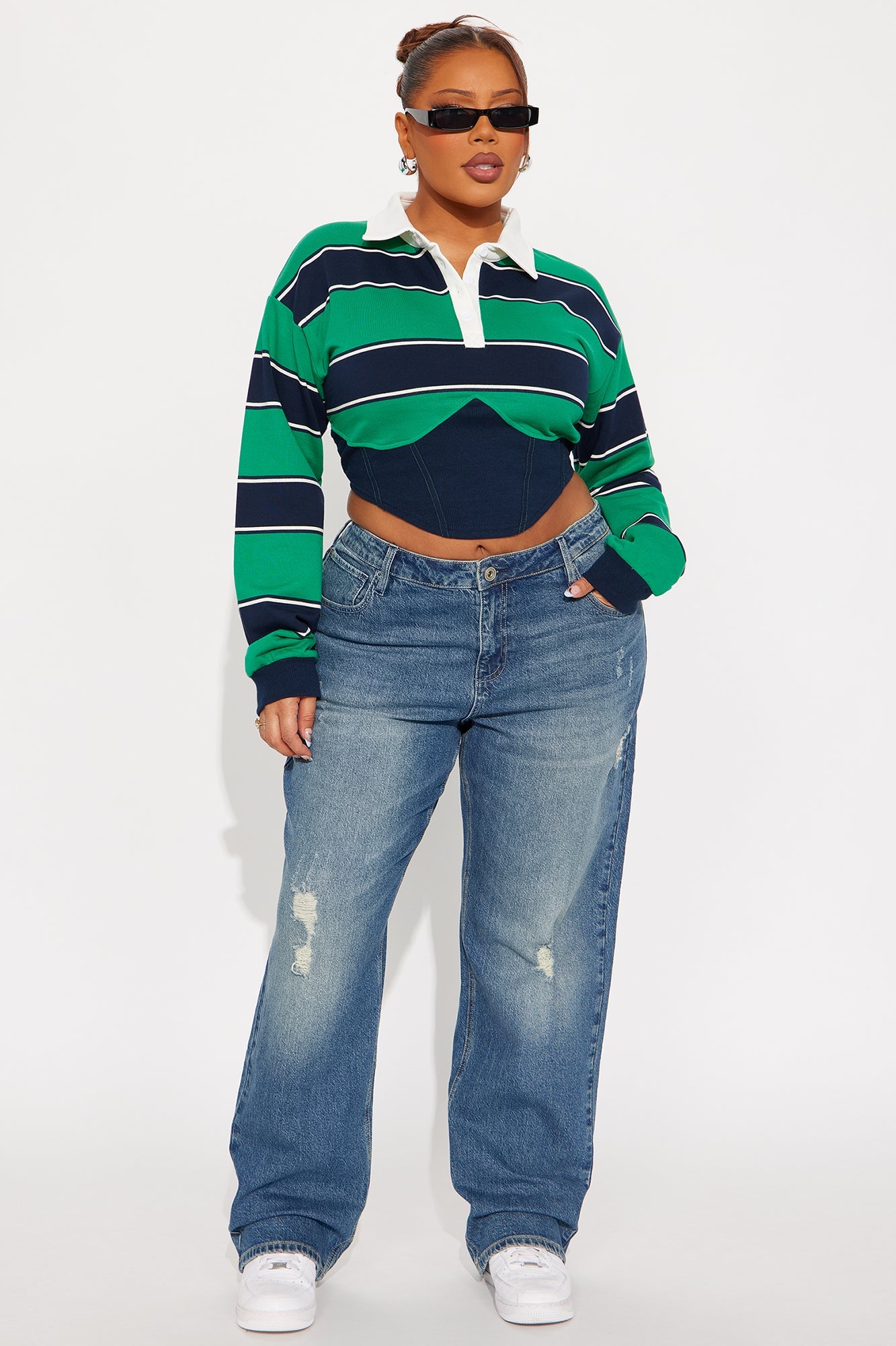 Ravenna Long Sleeve Corset Polo Top - Green/combo
