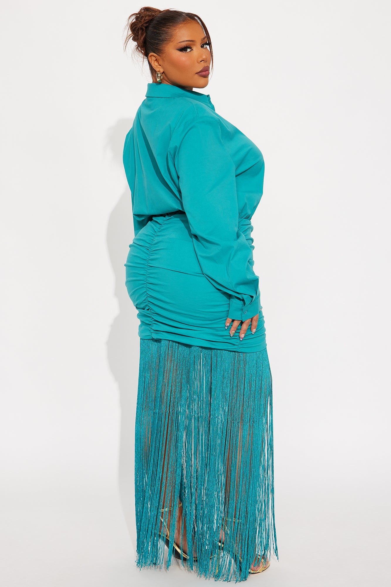Bridget Fringe Maxi Shirt Dress - Teal