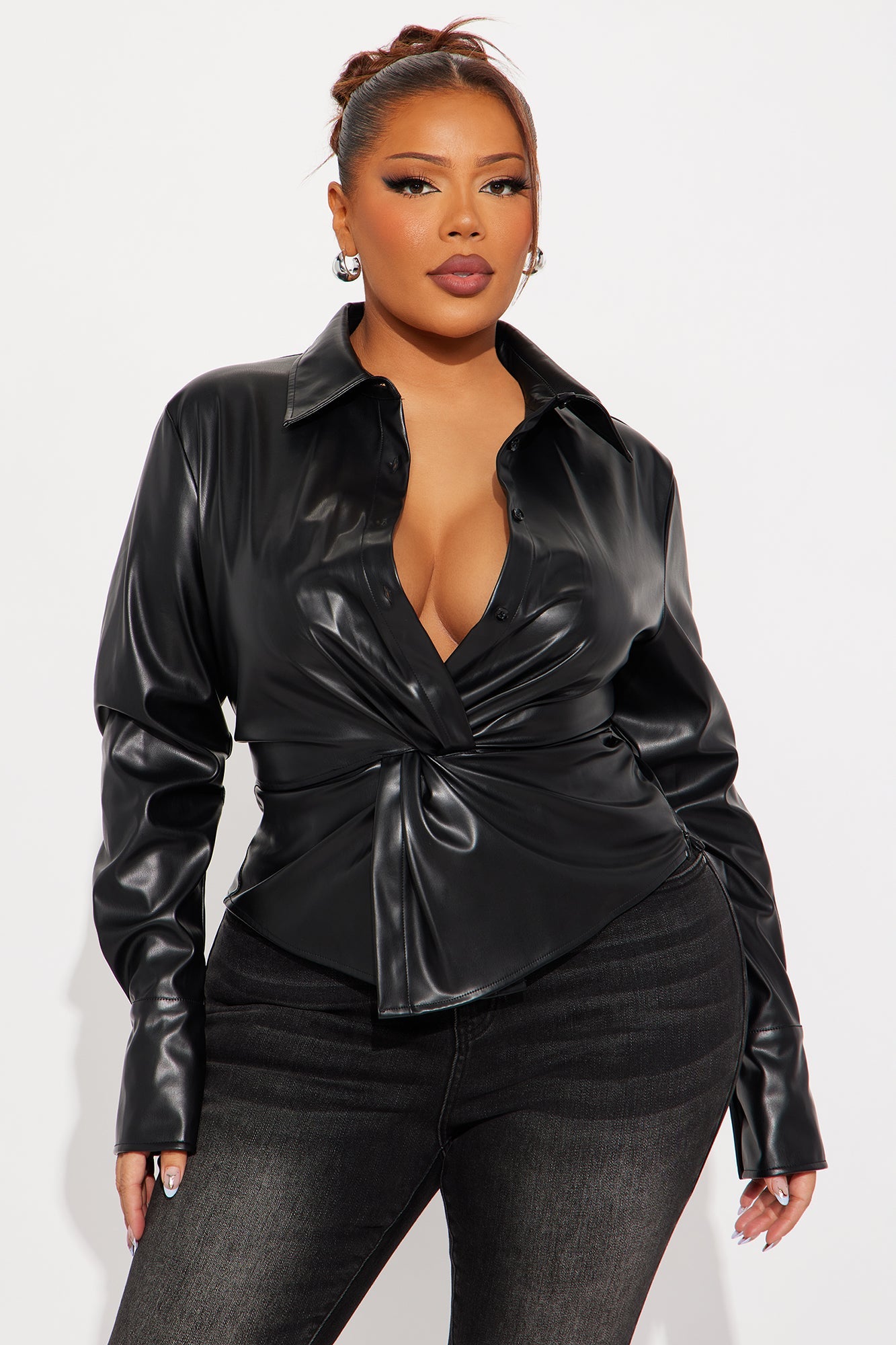 Jelena Twisted Faux Leather Top - Black