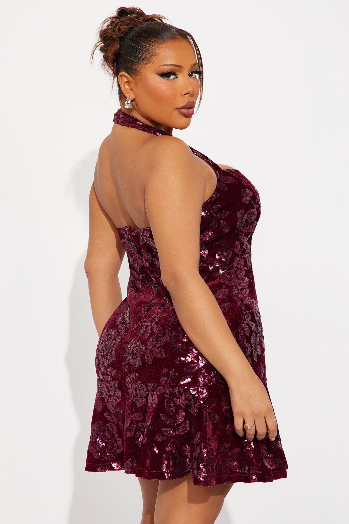 Breanna Sequin Velvet Mini Dress - Wine