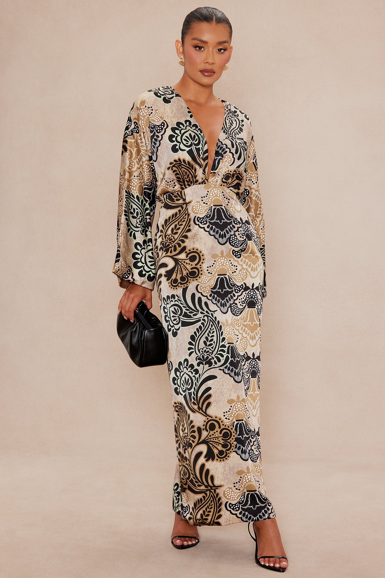 Mari Satin Maxi Dress - Taupe/combo