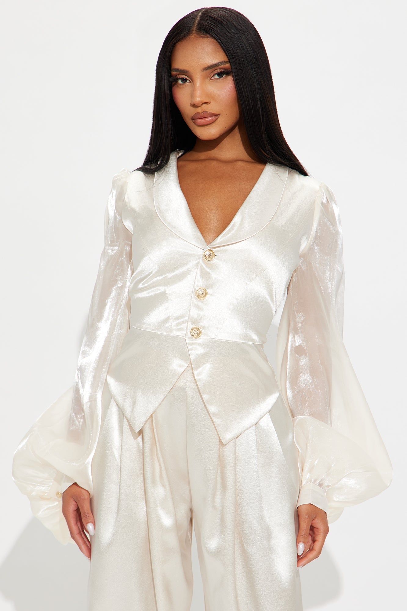 Whimsical Satin Balloon Sleeve Jumpsuit - Cream