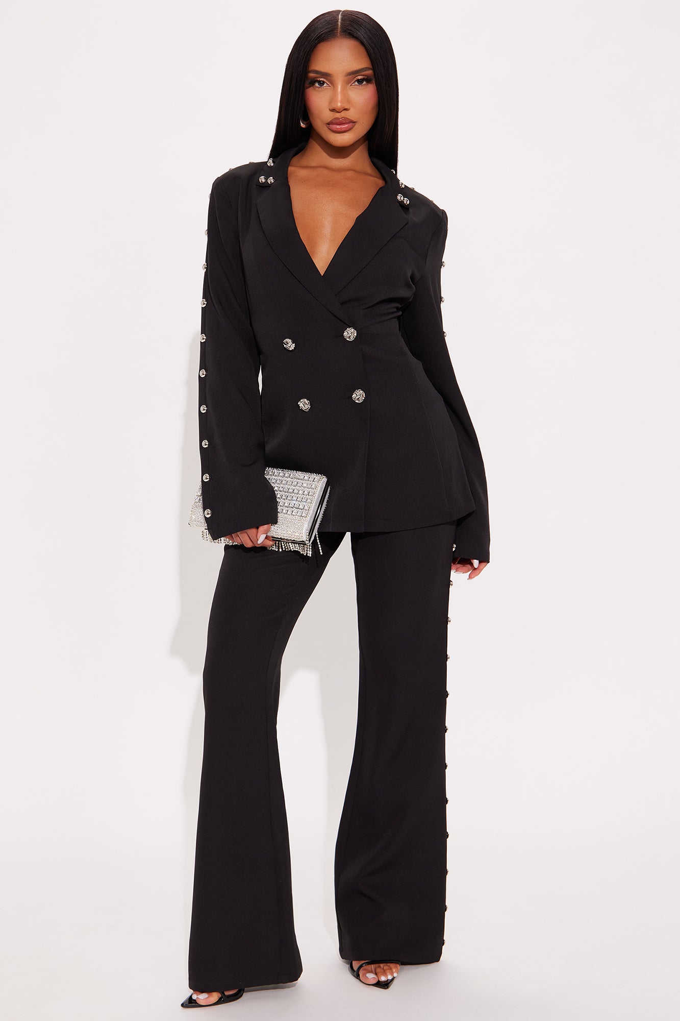 Janice Studded Blazer Pant Set - Black