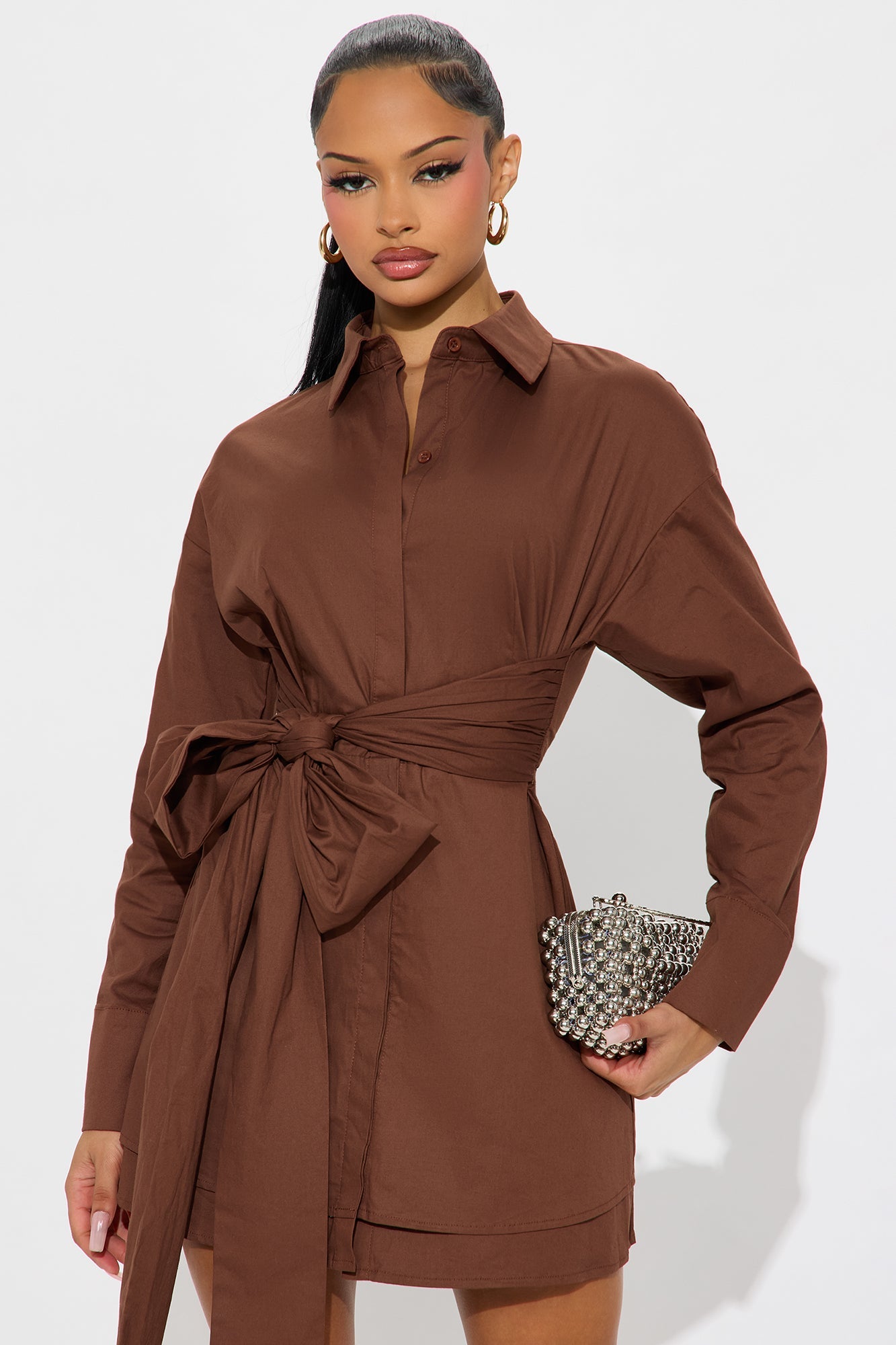 Stay Up Criss Cross Poplin Shirt Mini Dress - Chocolate