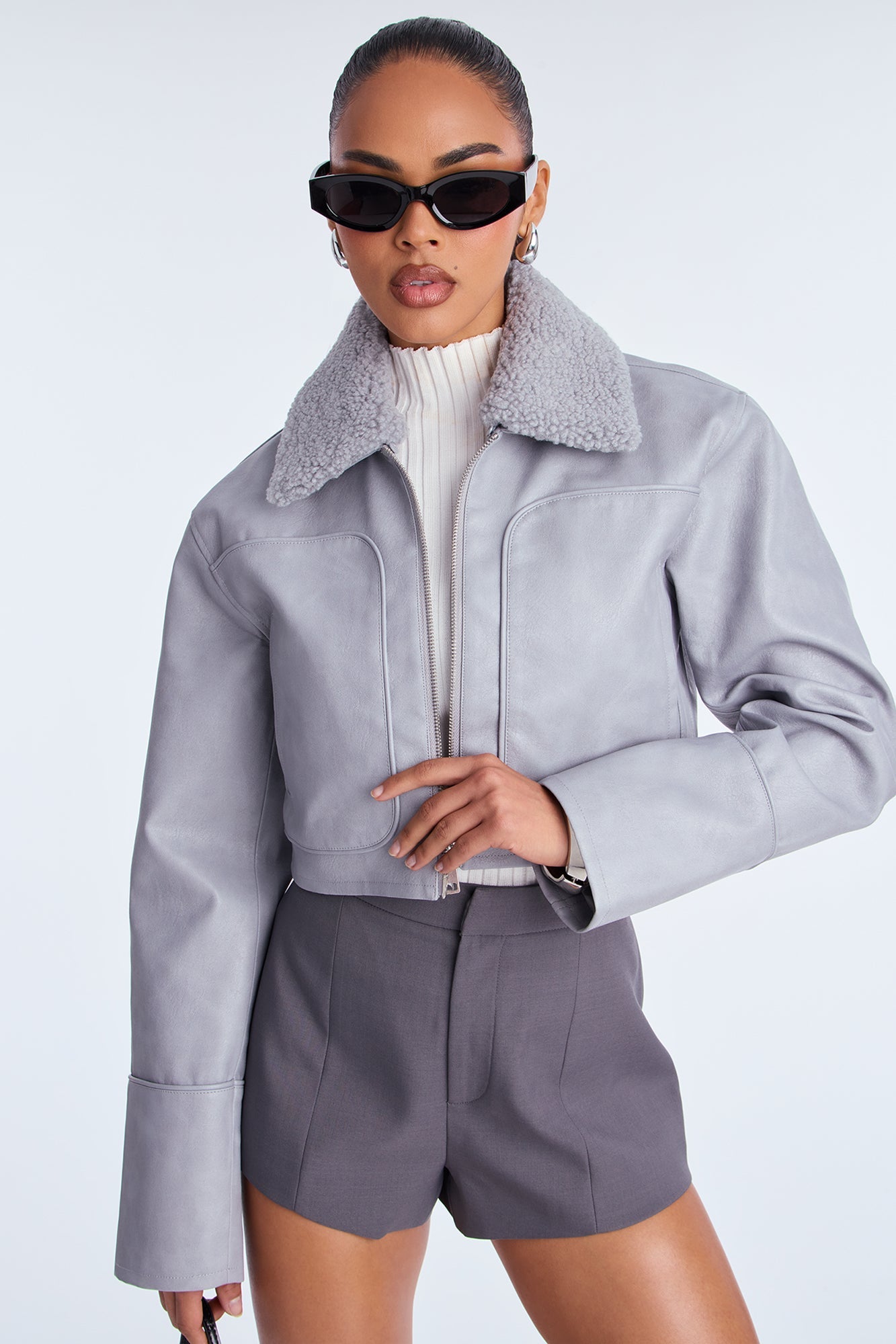 Fly High Faux Leather Cropped Jacket - Grey