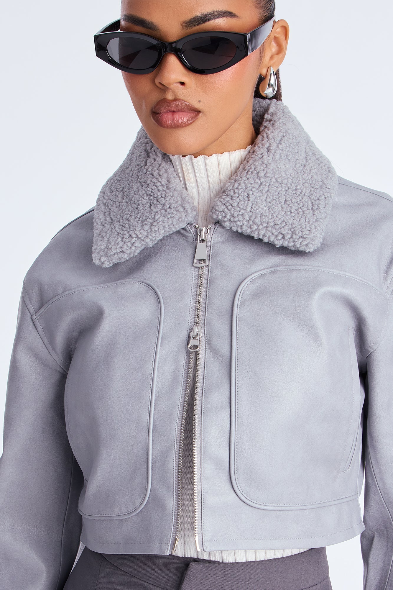 Fly High Faux Leather Cropped Jacket - Grey