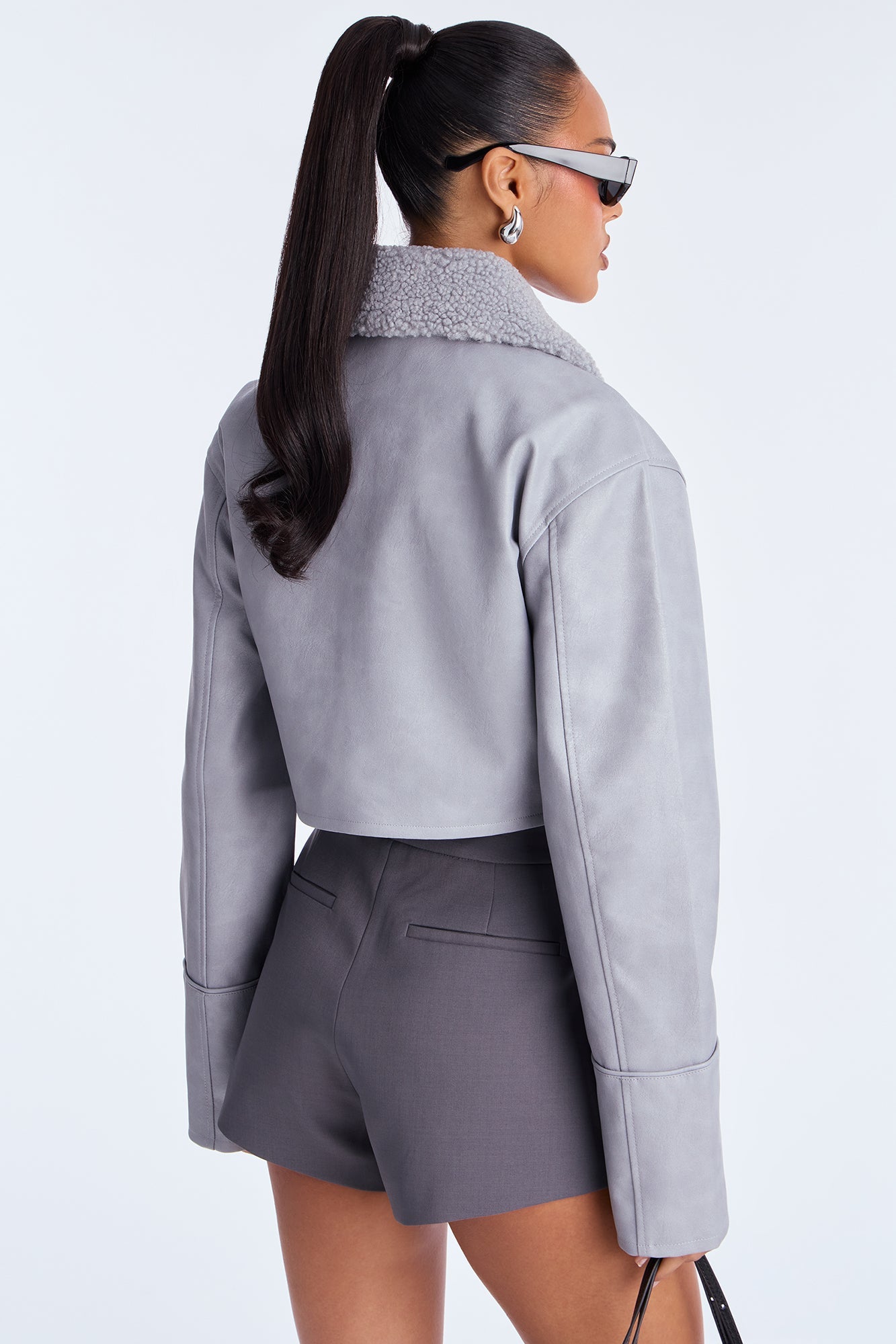 Fly High Faux Leather Cropped Jacket - Grey