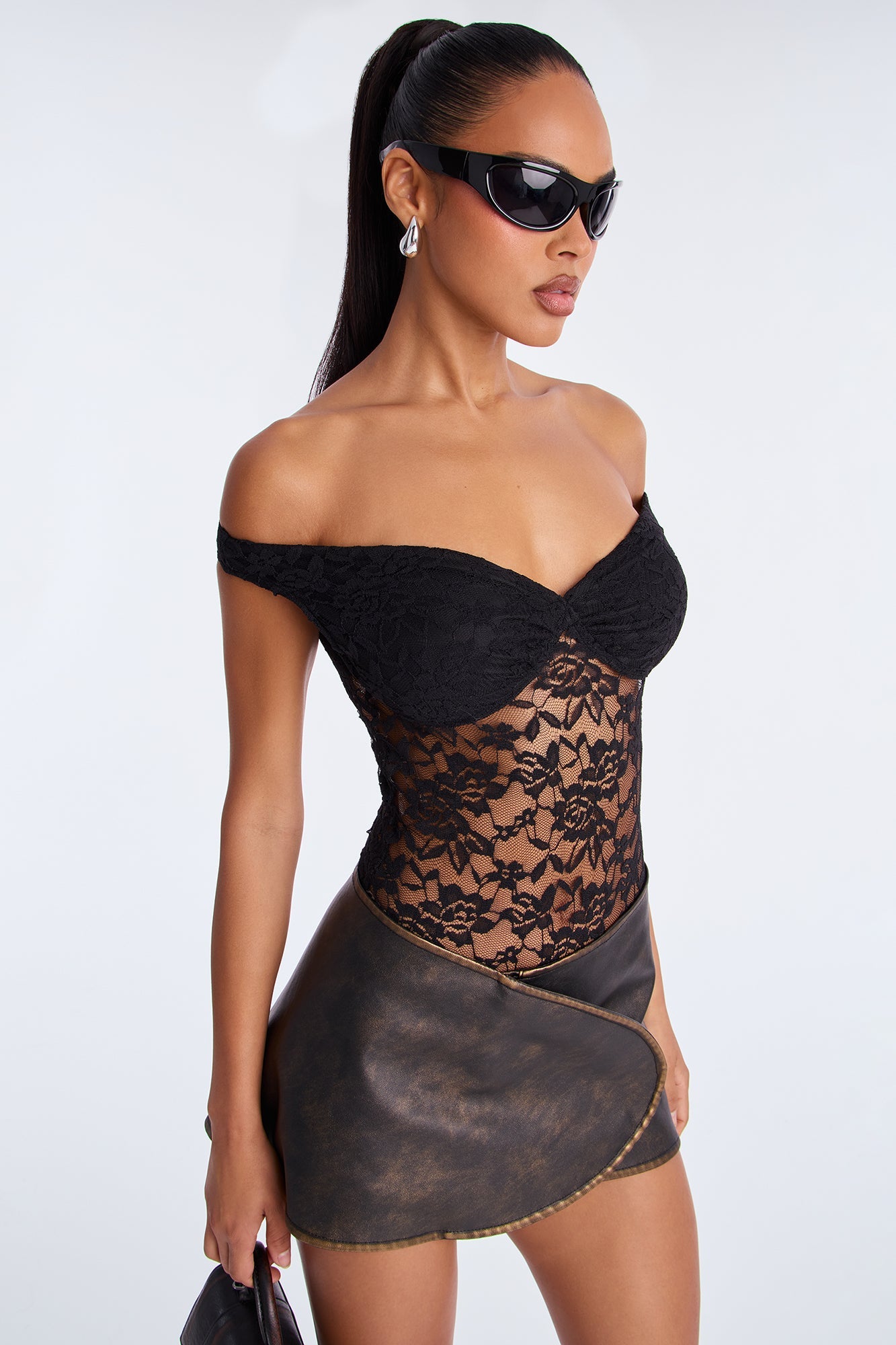 Tiria Sheer Lace Bodysuit - Black
