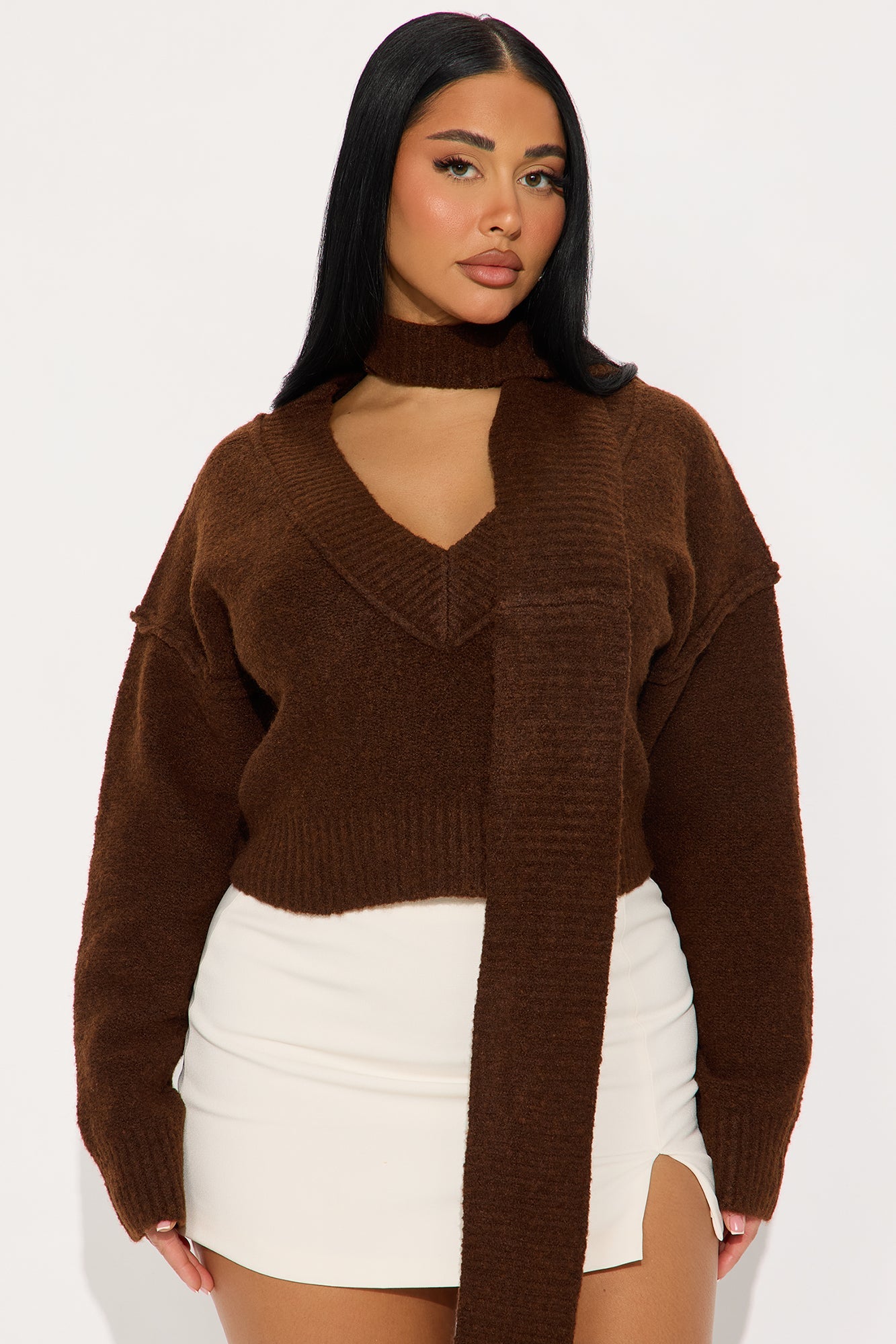On Winter Time Neck Scarf Sweater - Chocolate