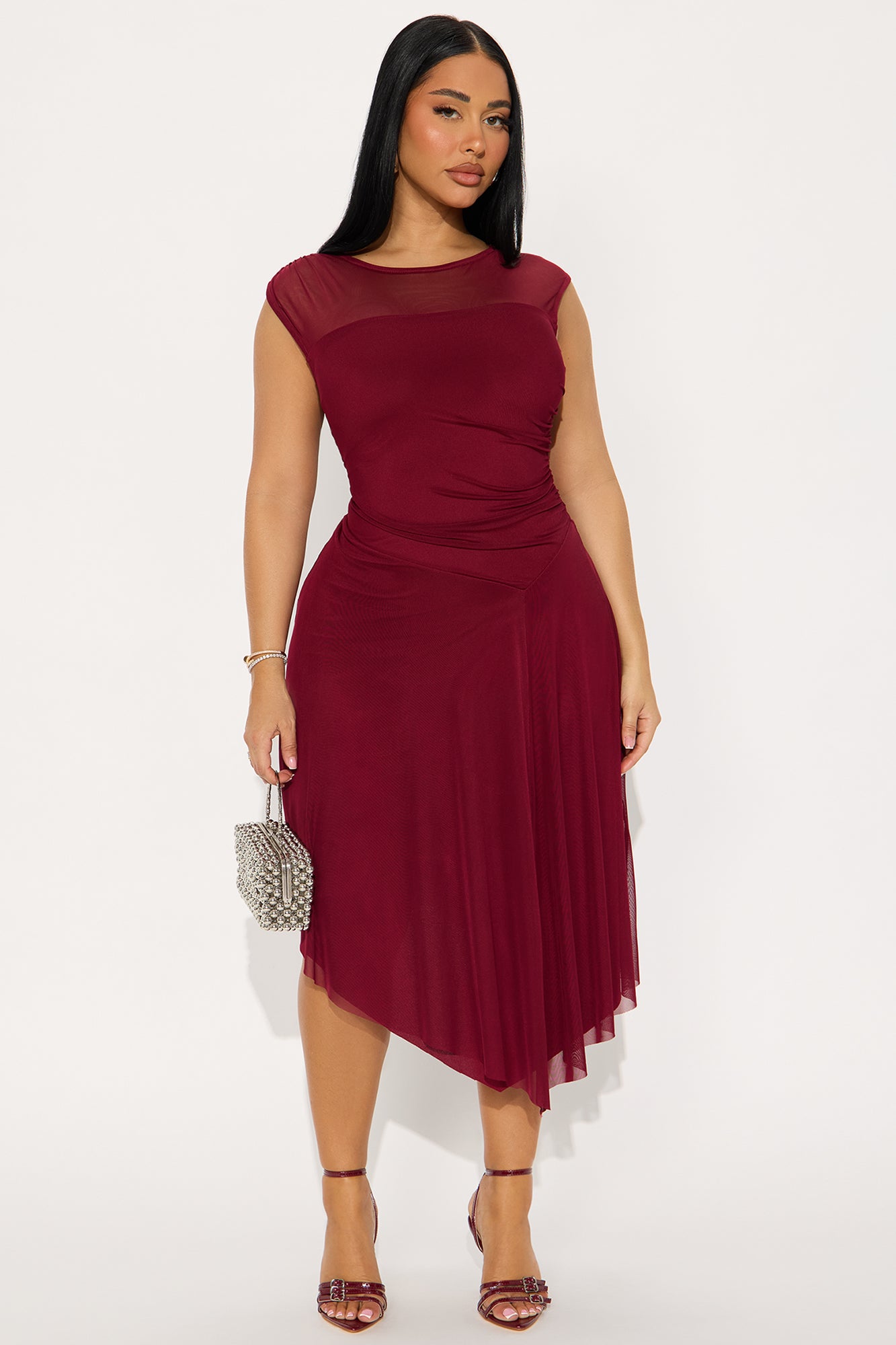 Ayla Asymmetrical Mesh Midi Dress - Wine