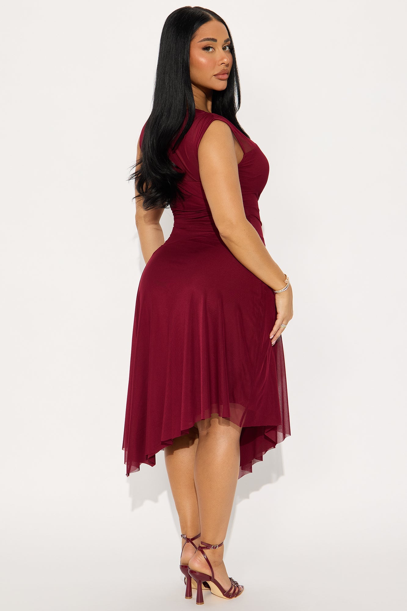 Ayla Asymmetrical Mesh Midi Dress - Wine