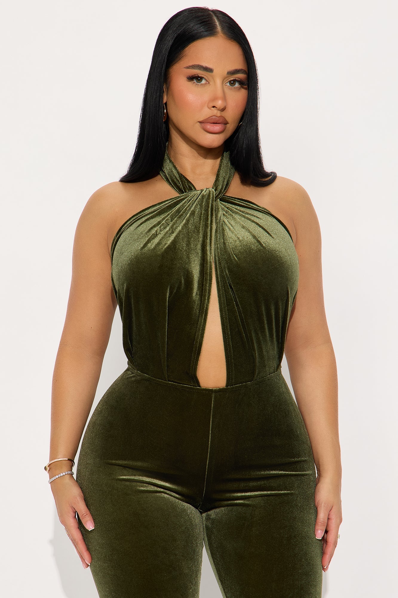 Jenni Velvet Backless Halter Jumpsuit - Dark Olive