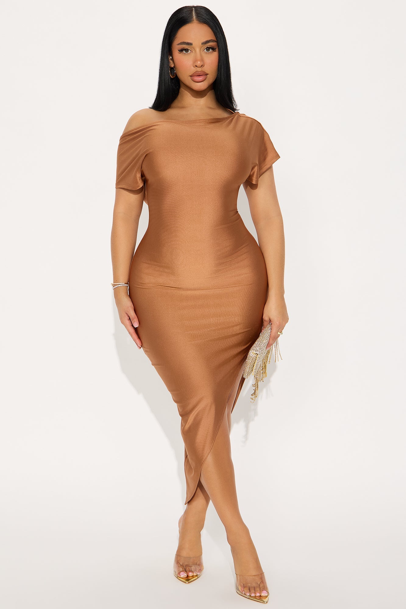 Serene Escape Stretch Shine Midi Dress - Mocha