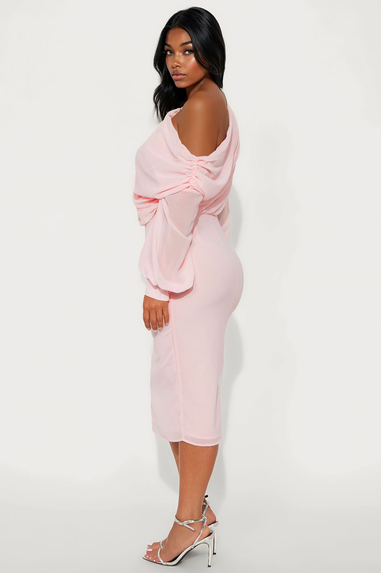 Sneak Peek One Shoulder Chiffon Midi Dress - Blush