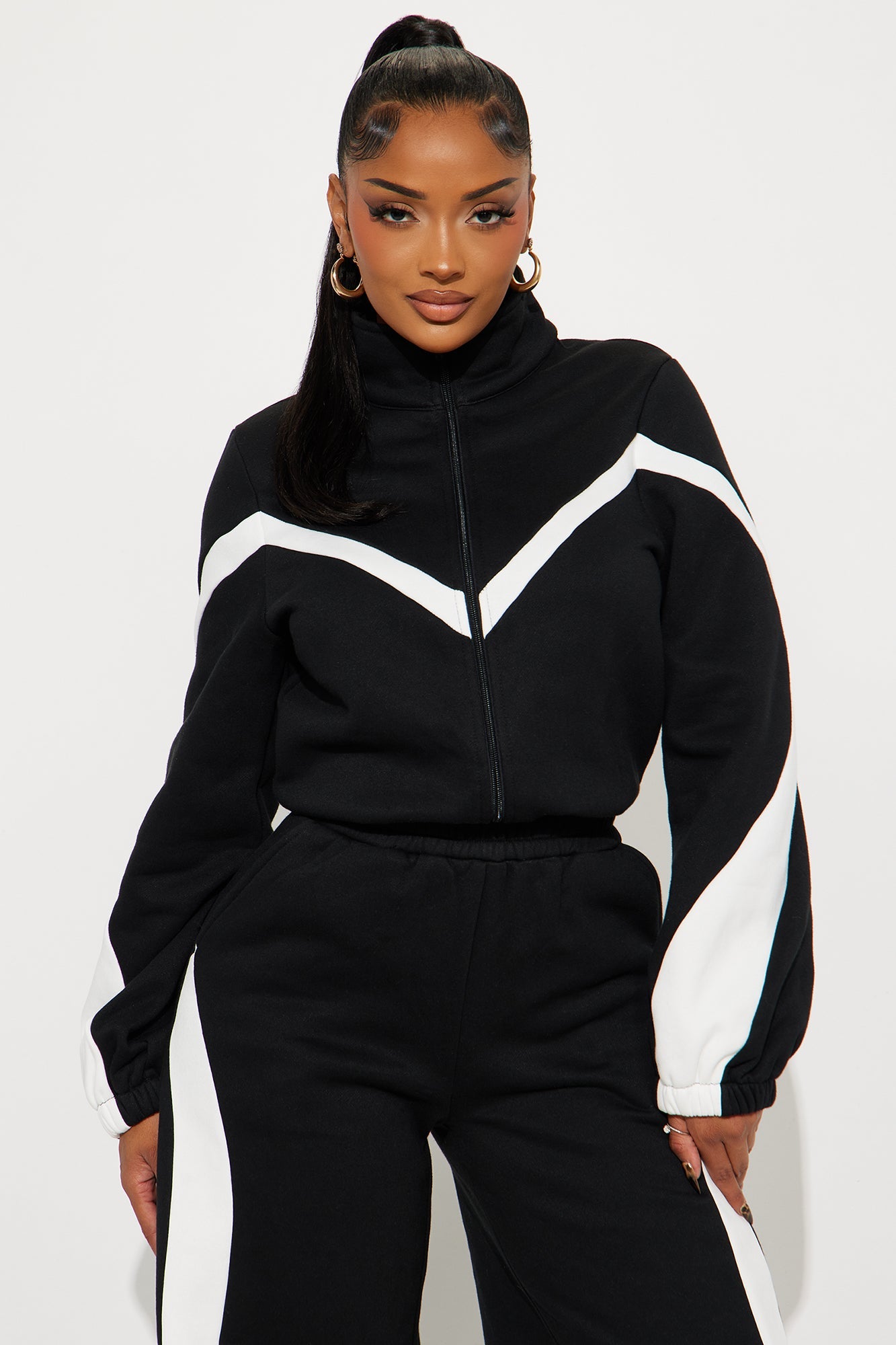 Feel It Out Fleece Wide Leg Jumpsuit - Black/White