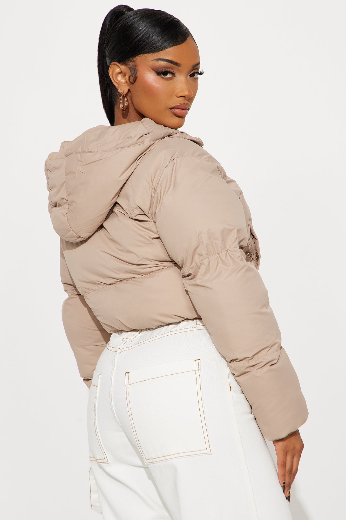 Dakota Cropped Hooded Puffer Jacket - Taupe