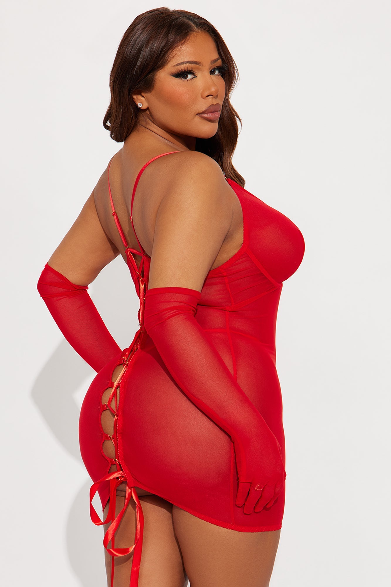 Harley Mesh Chemise Dress With Gloves - Red