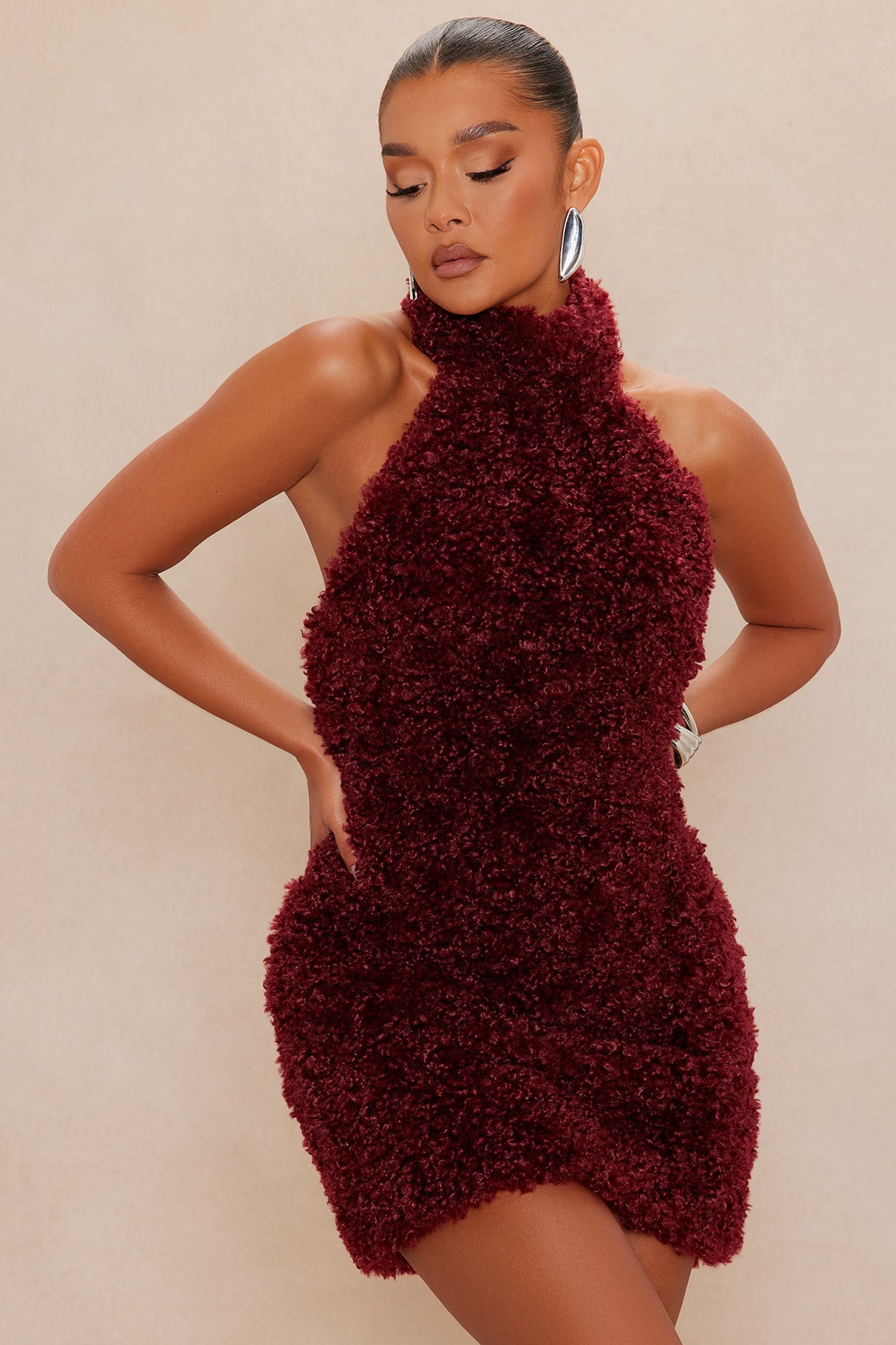 Arden Sherpa Fur Halter Mini Dress - Burgundy