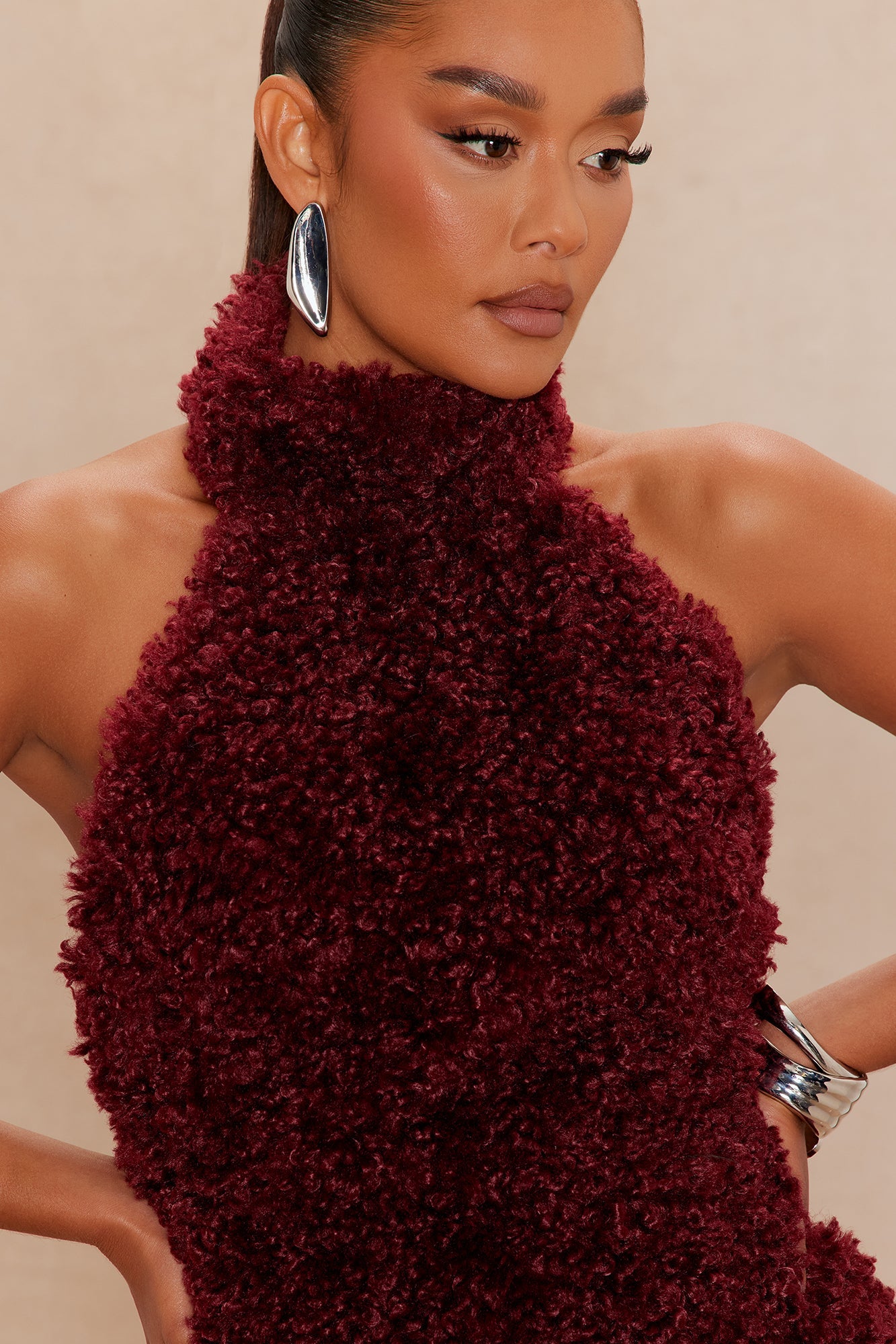 Arden Sherpa Fur Halter Mini Dress - Burgundy