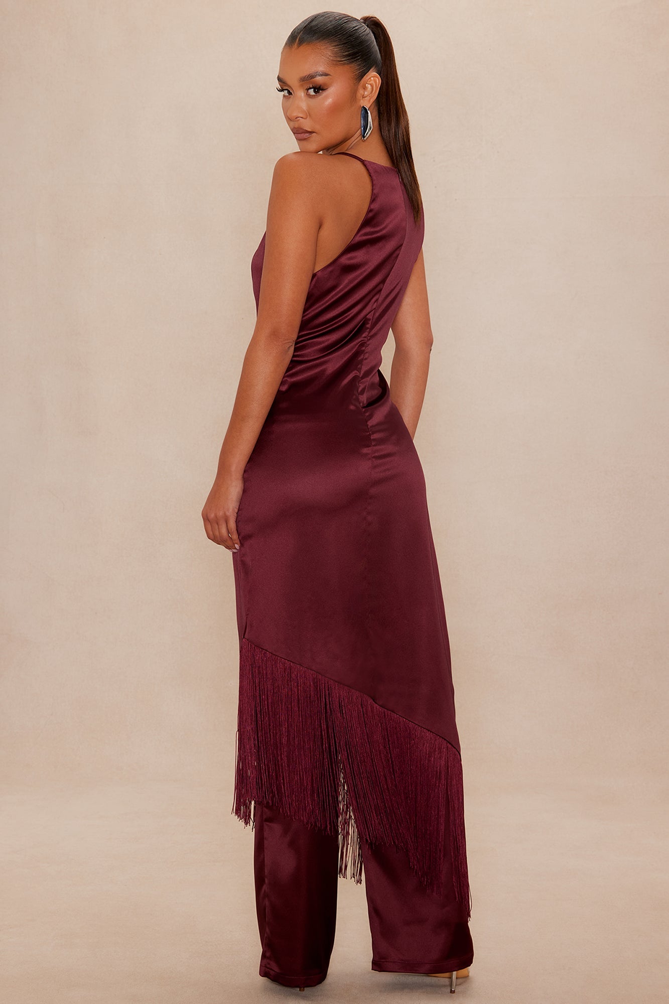 Ceile Fringe Satin Pant Set - Burgundy