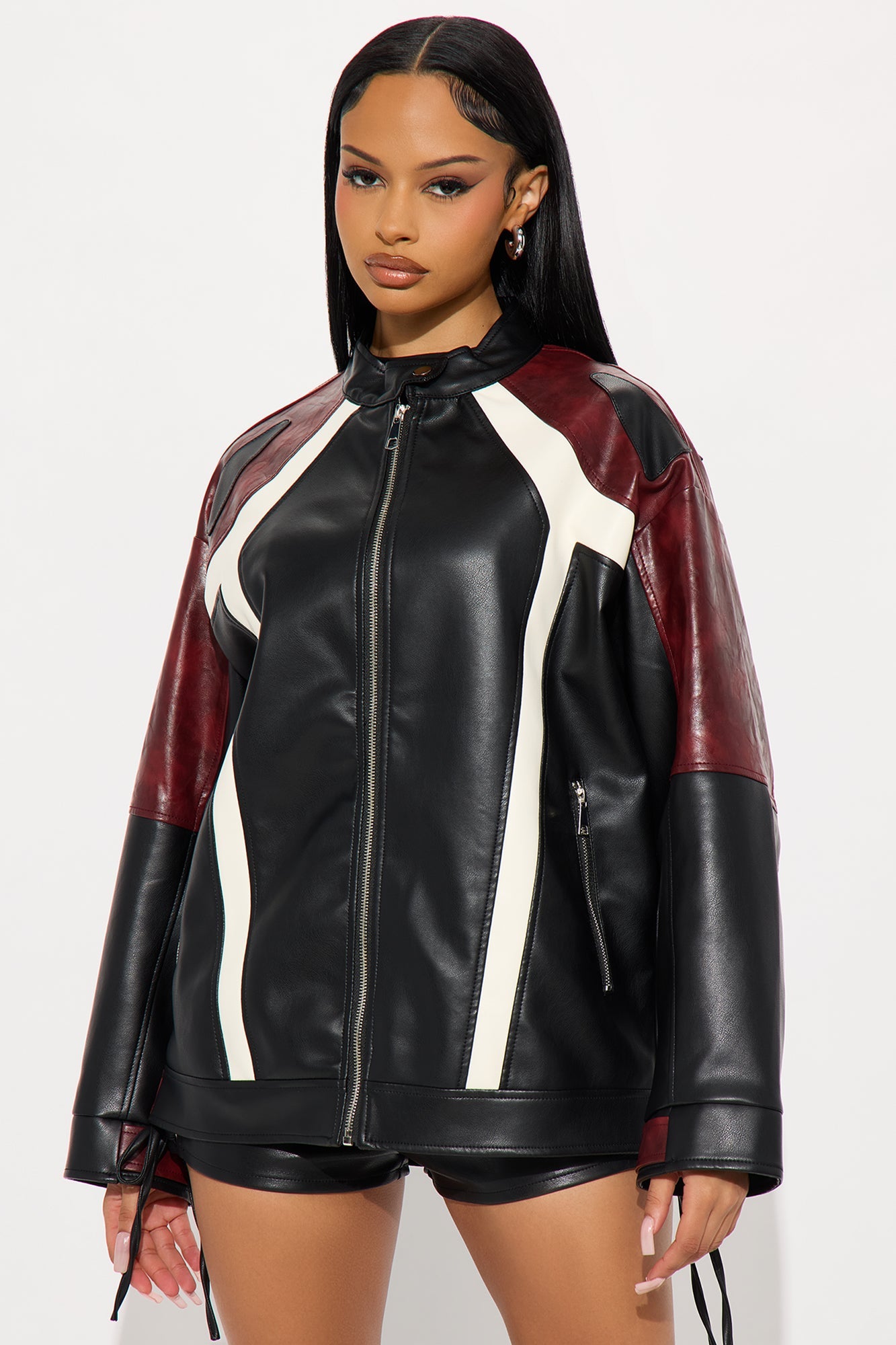 Joanna Oversized Faux Leather Moto Jacket - Black/combo