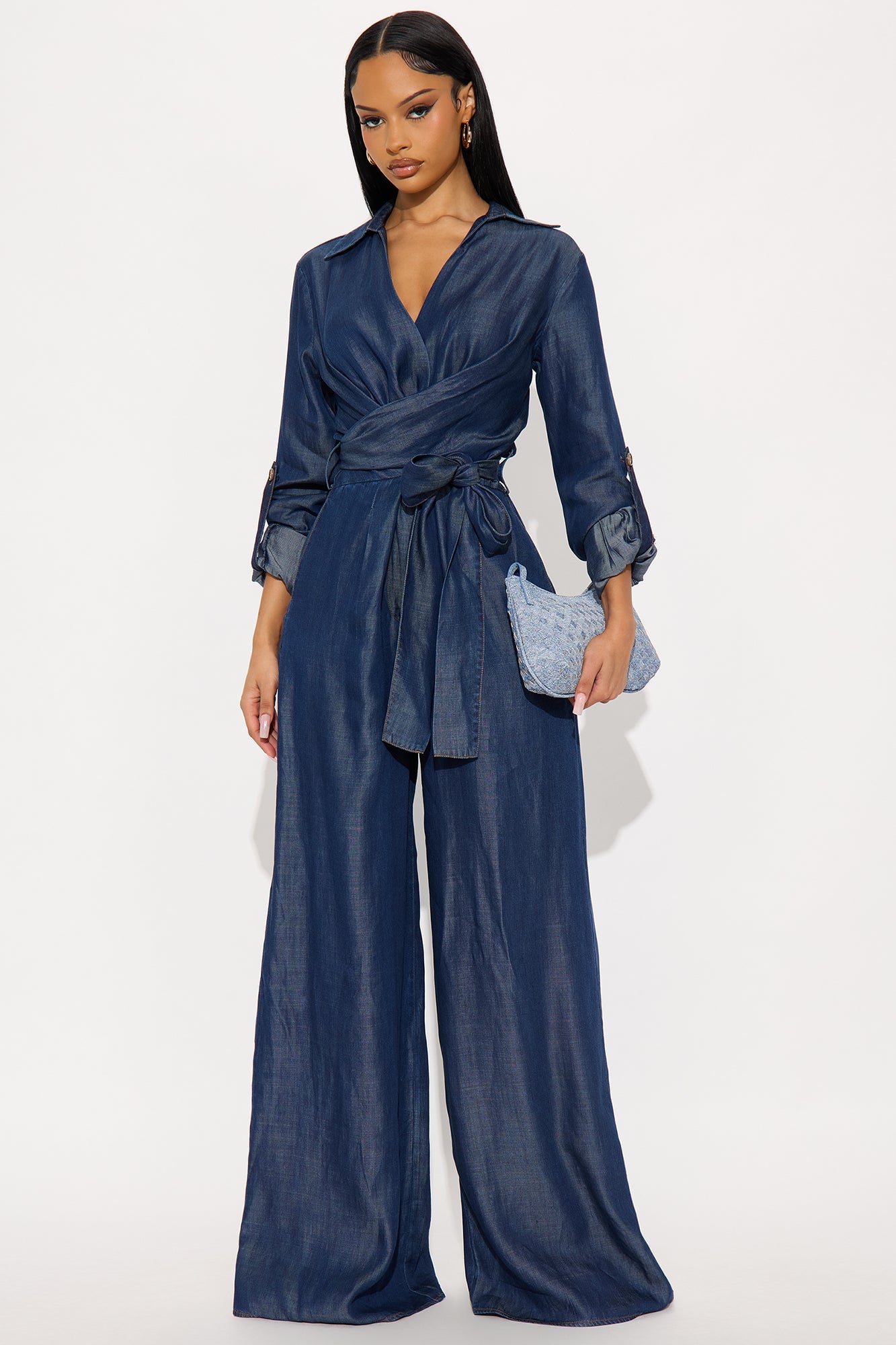 Ophelia Waist Tie Wide Leg Jumpsuit - Dark Wash