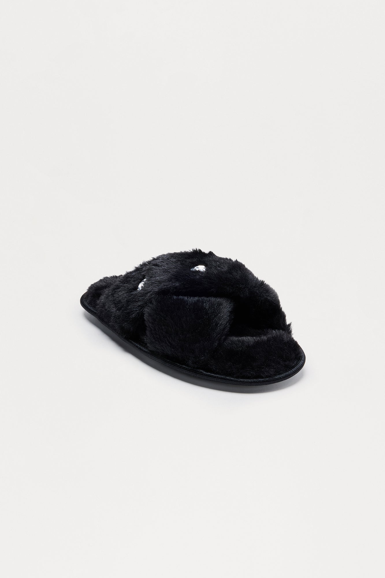 Piper Rhinestone Faux Fur Slippers - Black