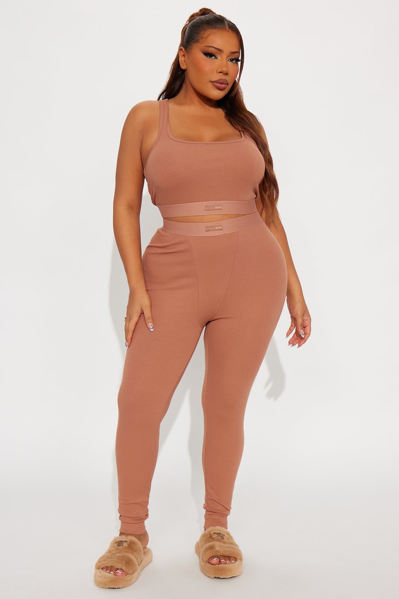FN Mood Racerback Bra And Legging 2 Piece Ribbed Cotton Set - Mocha