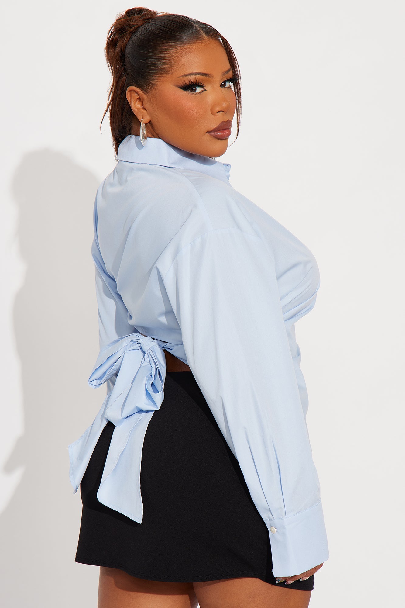 Corporate Baddie Tie Back Poplin Shirt - Blue