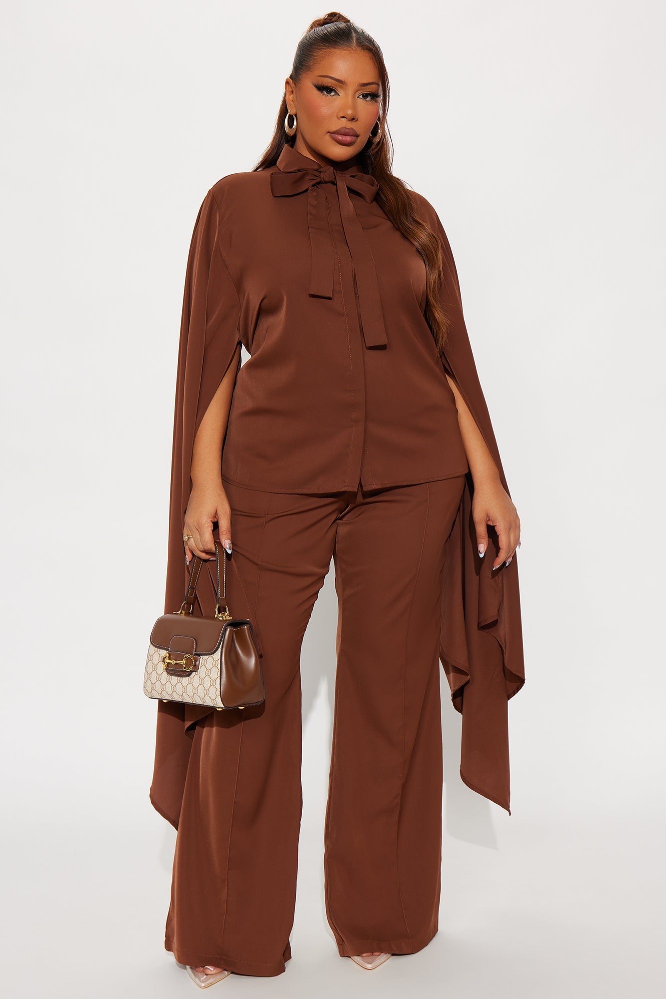 Amaya Cape Sleeve Blouse Pant Set - Chocolate