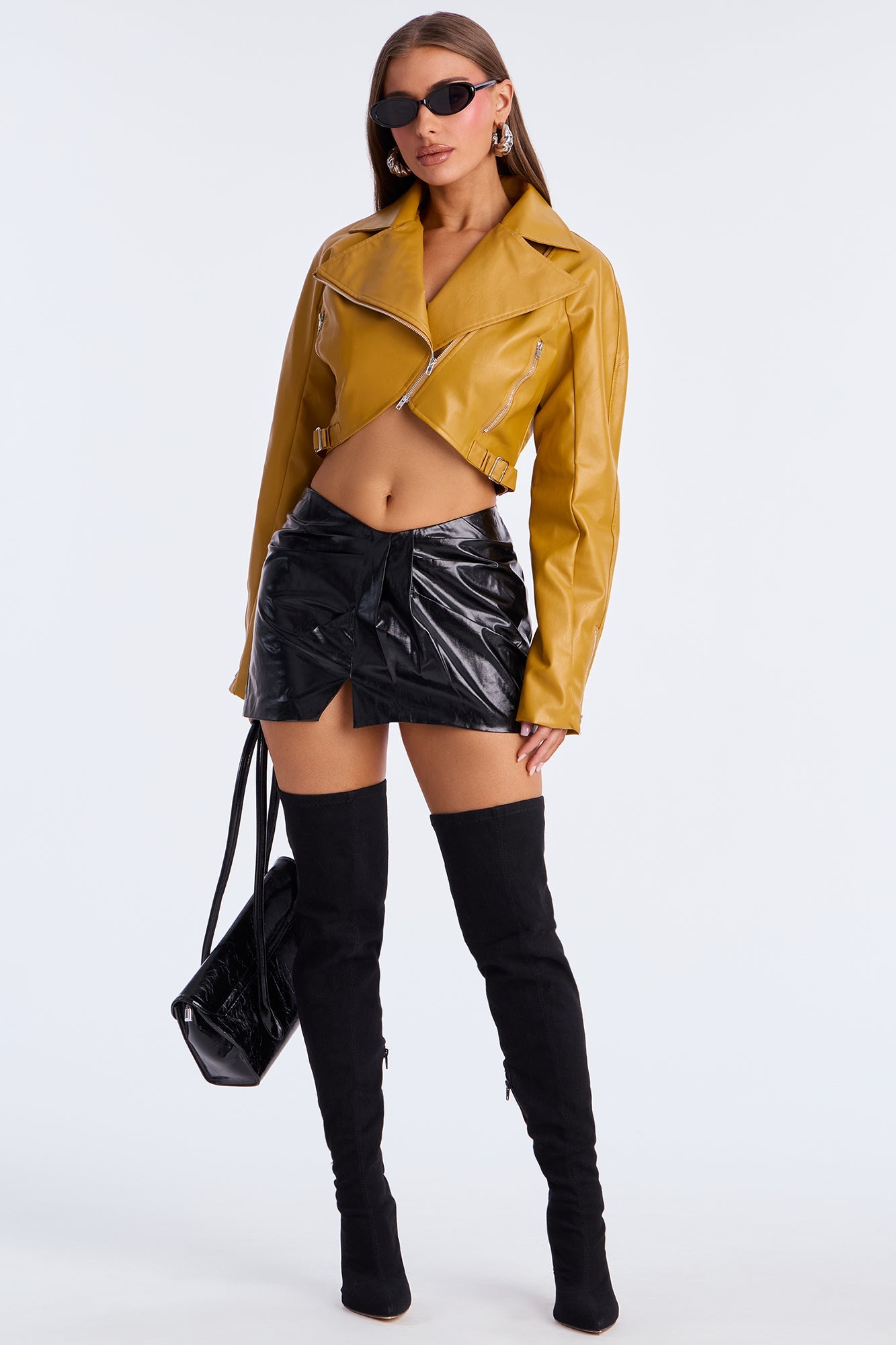 Like A Pro Cropped Faux Leather Moto Jacket - Mustard