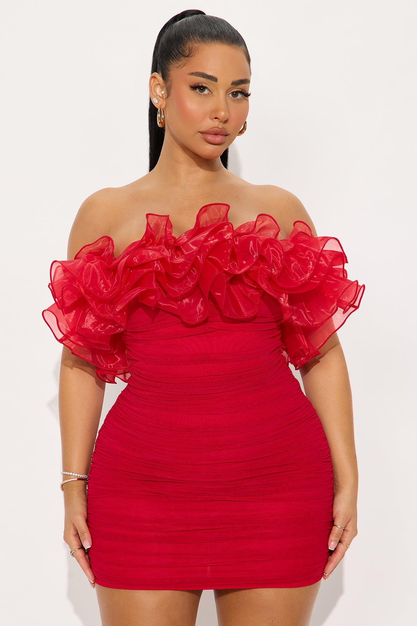 Ruffle Mami Mesh Mini Dress - Red