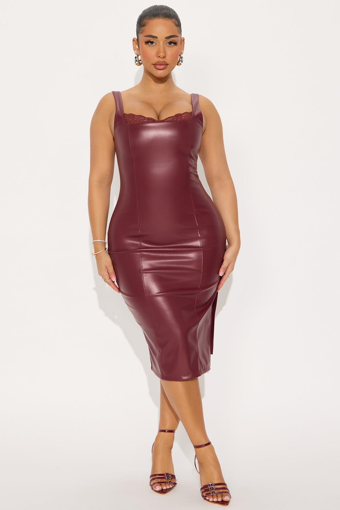 Celice Faux Leather Midi Dress - Wine