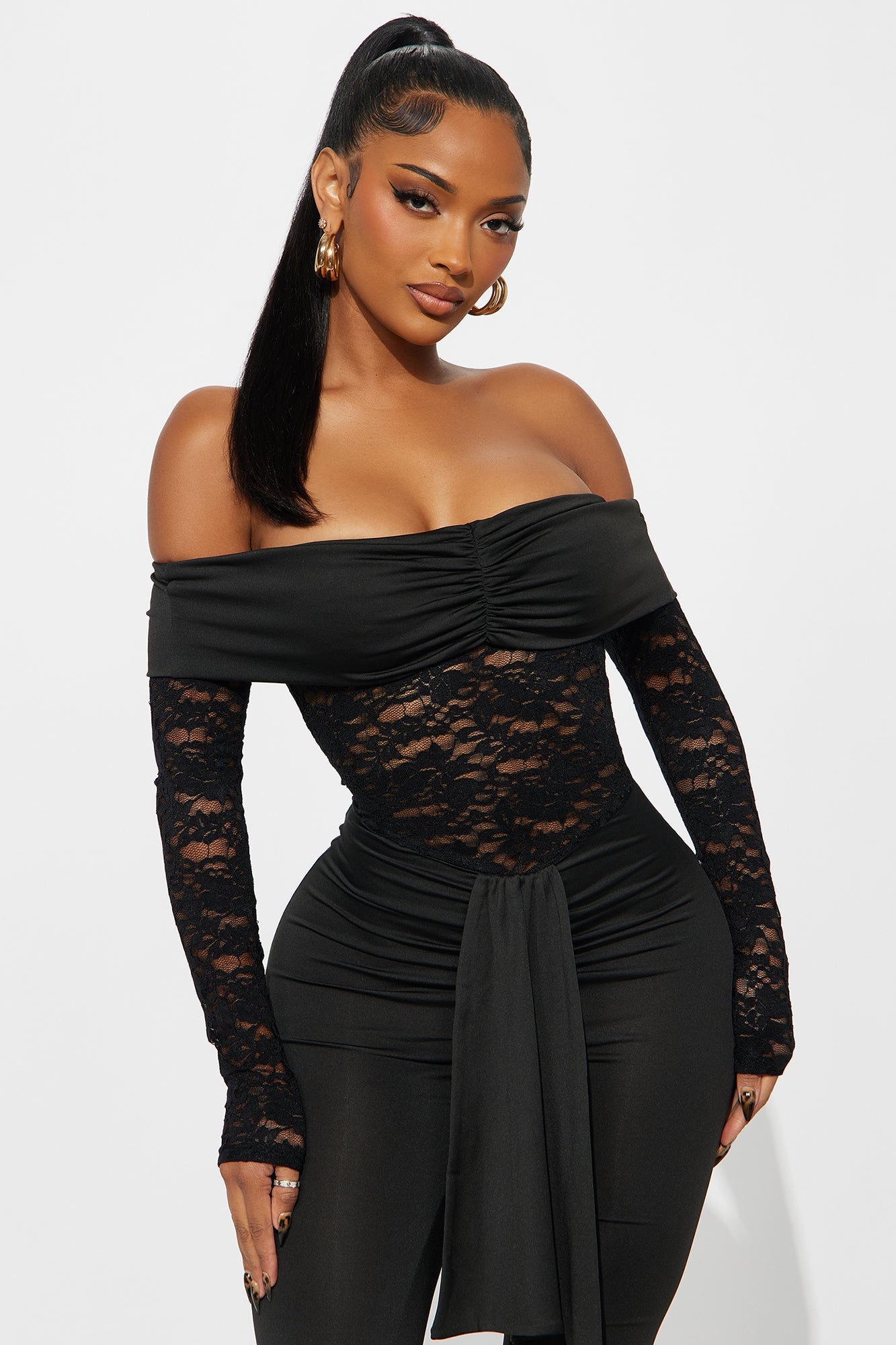 Hands On Lace Off Shoulder Jumpsuit - Black