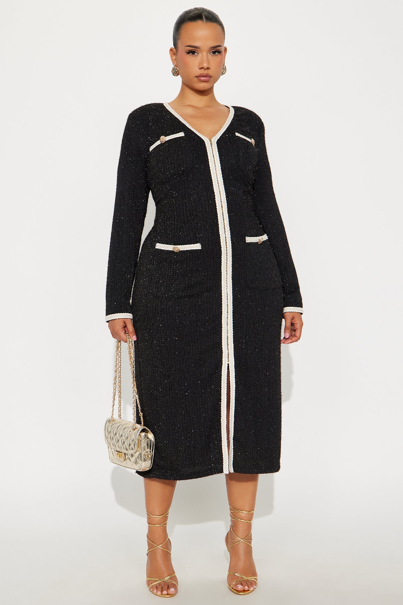 Casey Tweed Midi Dress - Black/combo