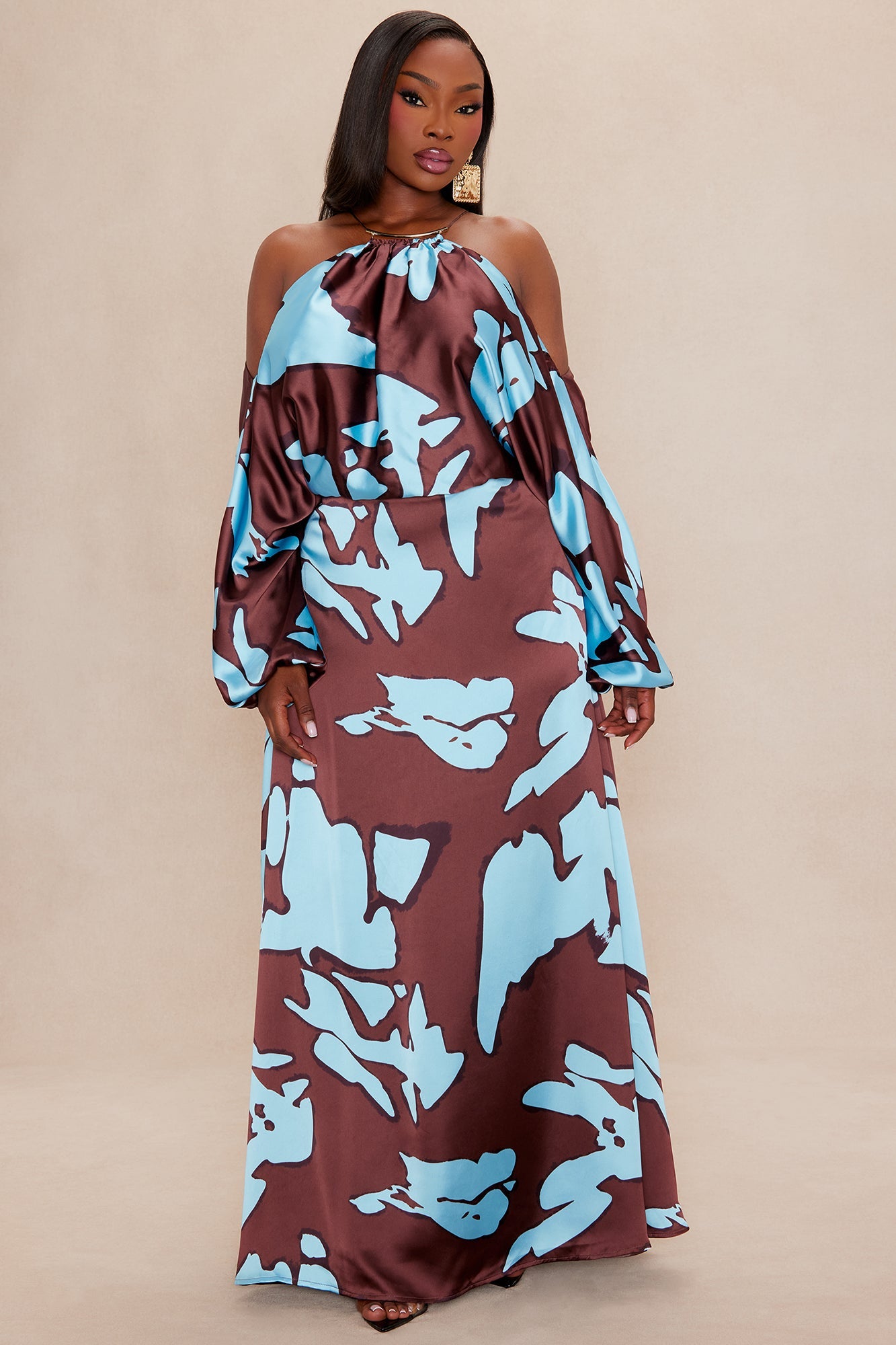 Vikki Satin Maxi Dress - Brown/combo