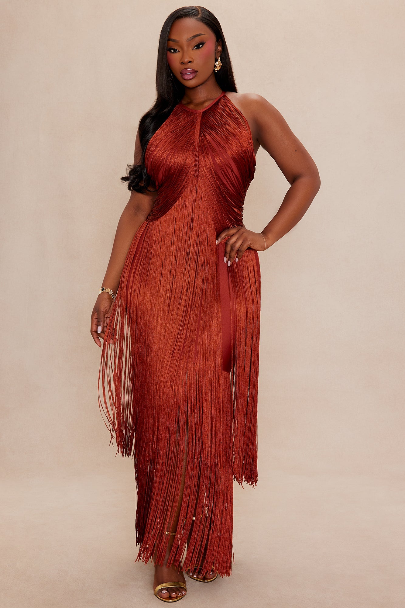 Nolana Fringe Maxi Gown - Rust