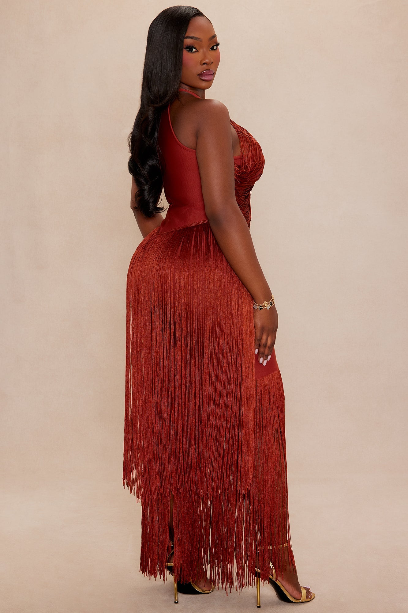 Nolana Fringe Maxi Gown - Rust