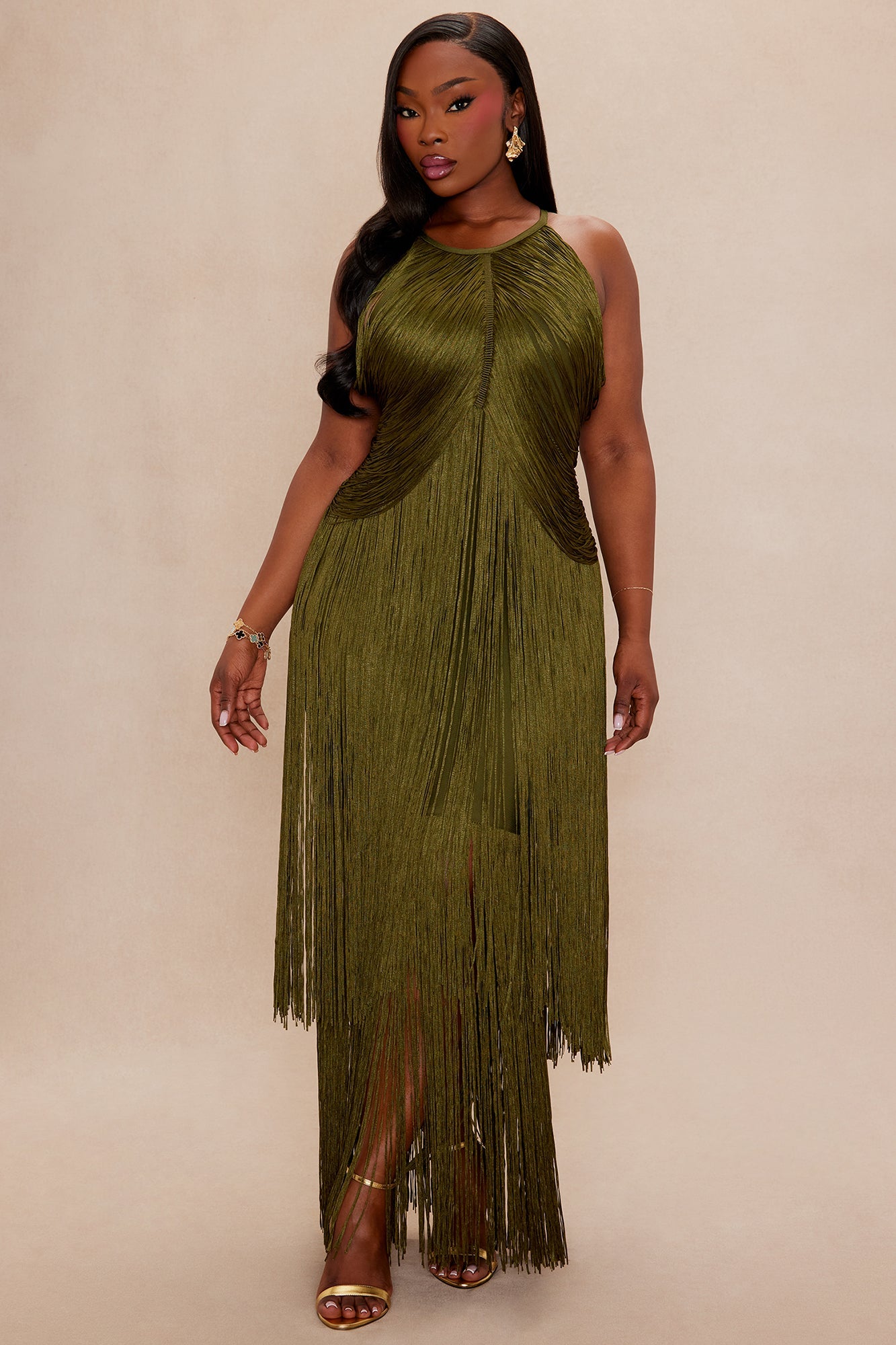 Nolana Fringe Maxi Gown - Olive