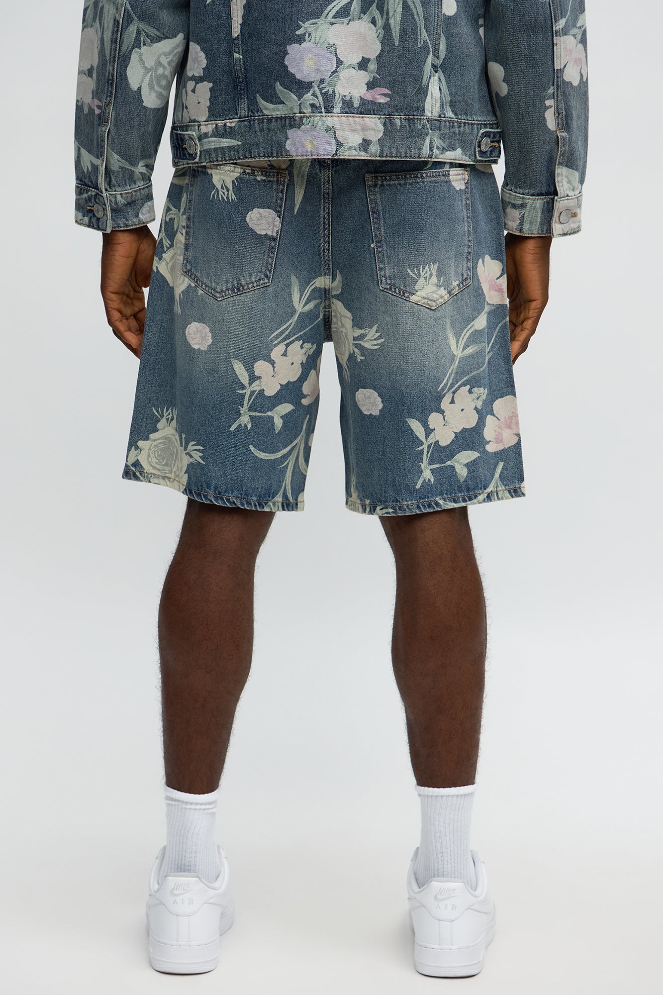 Relaxed Fallen Roses Denim Shorts - Medium Blue Wash