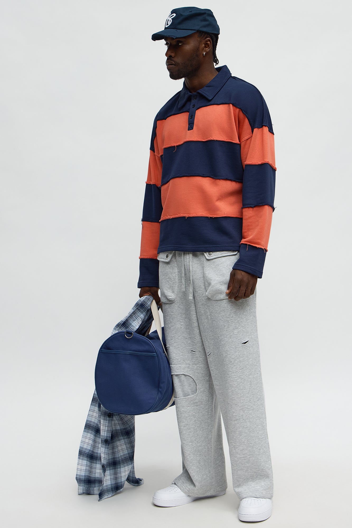 Relaxed Striped Distressed On The Block Long Sleeve Polo - Navy/combo