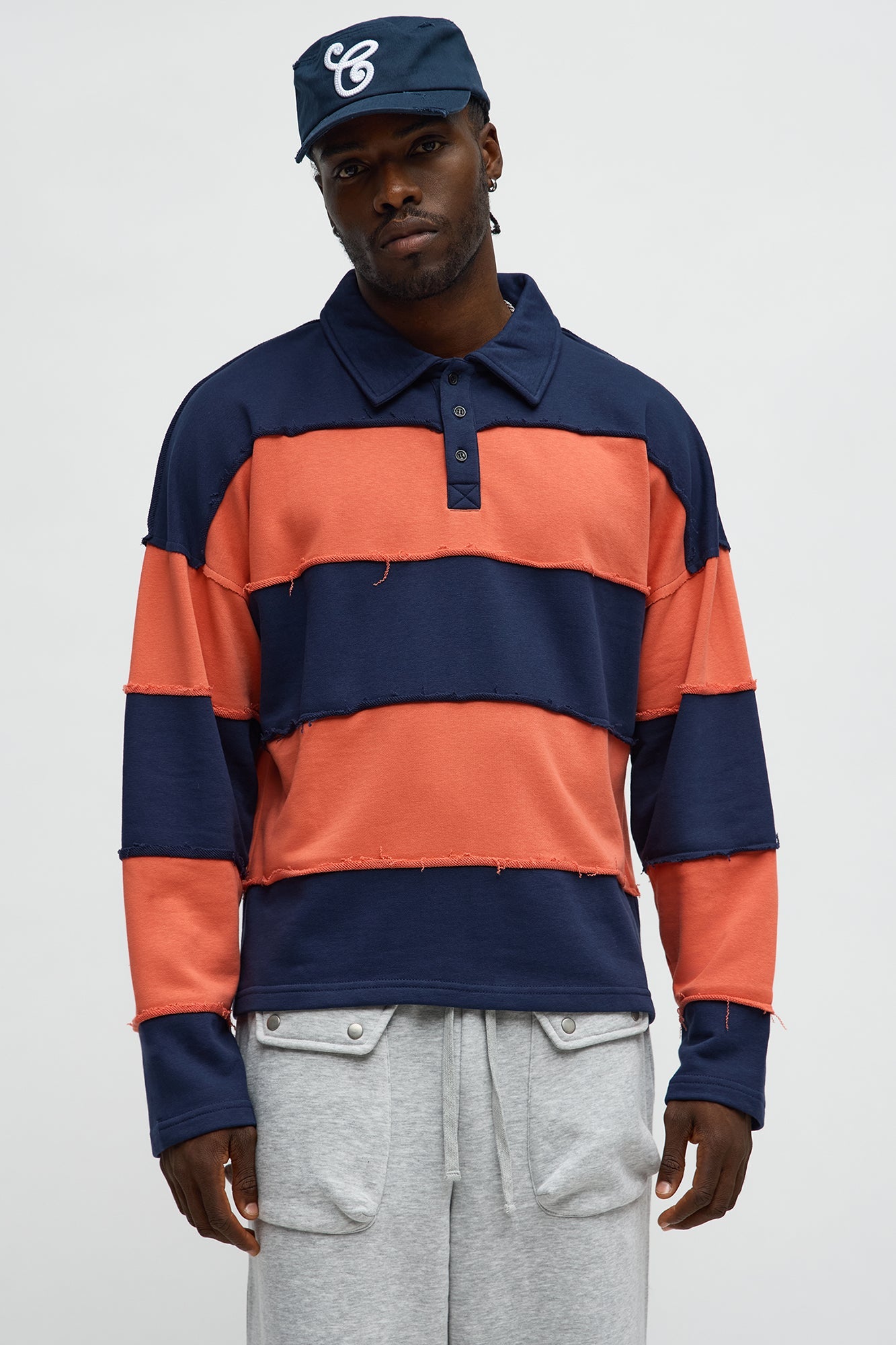 Relaxed Striped Distressed On The Block Long Sleeve Polo - Navy/combo