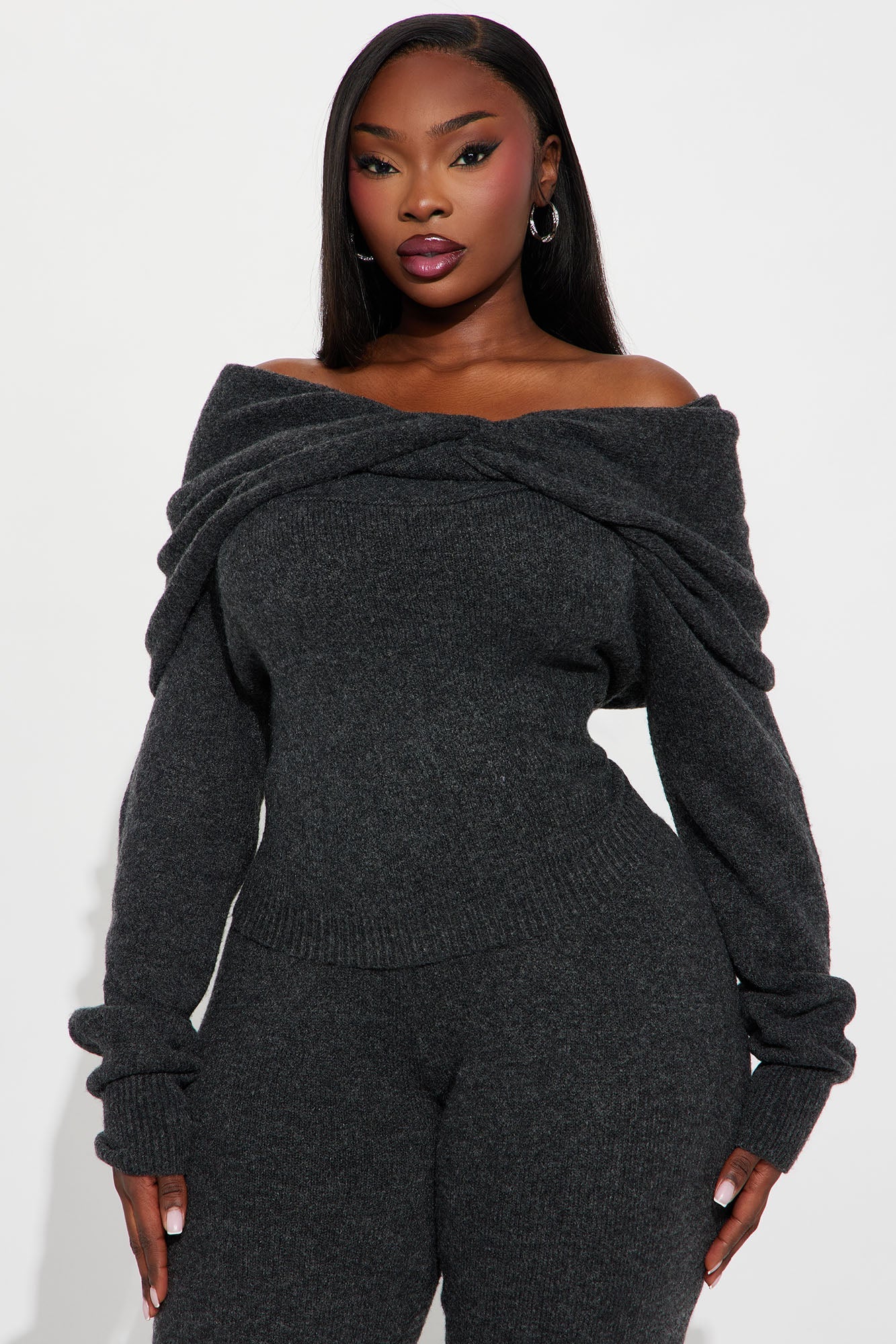 Carolina Off Shoulder Sweater Pant Set - Charcoal