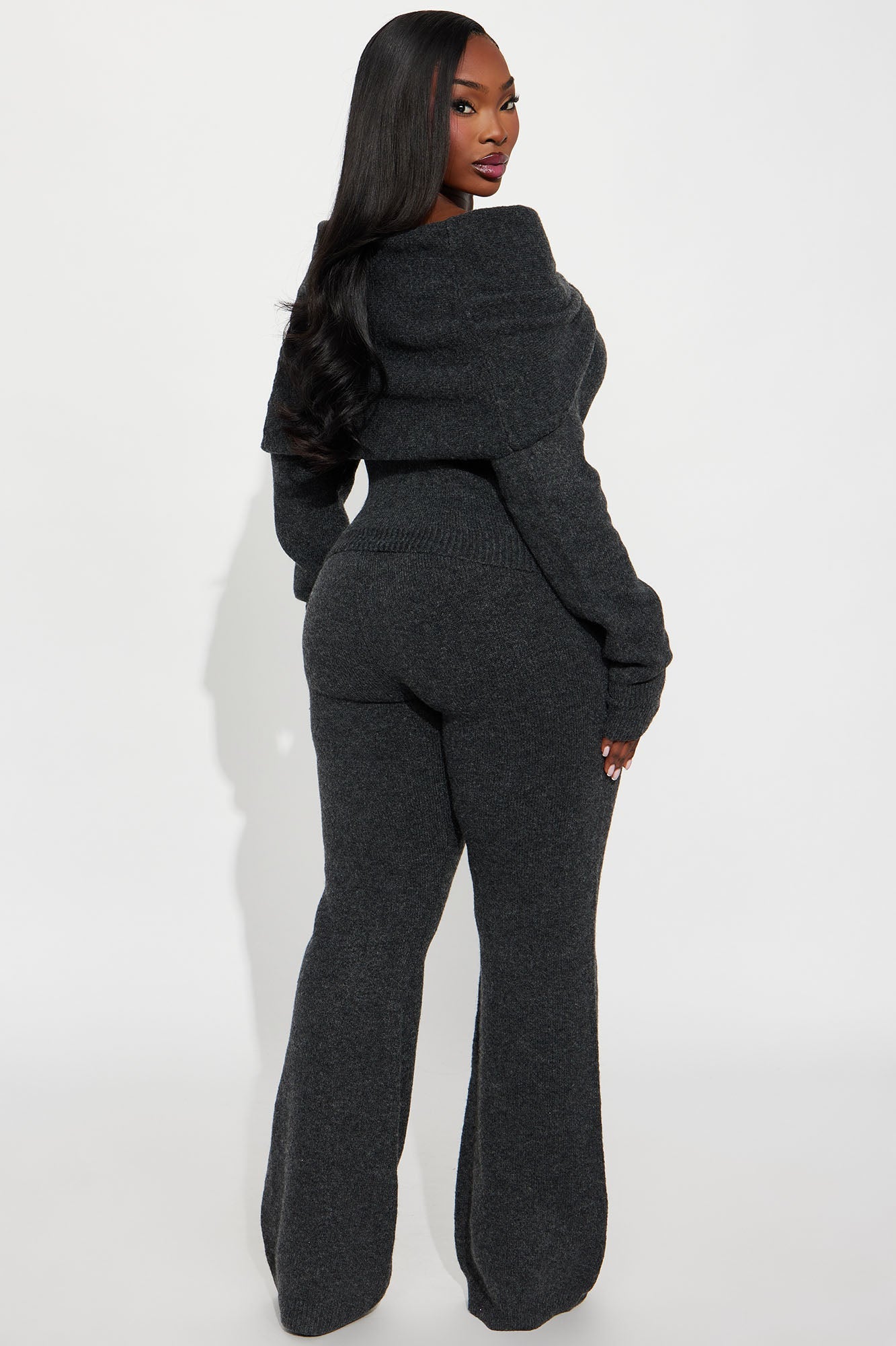 Carolina Off Shoulder Sweater Pant Set - Charcoal