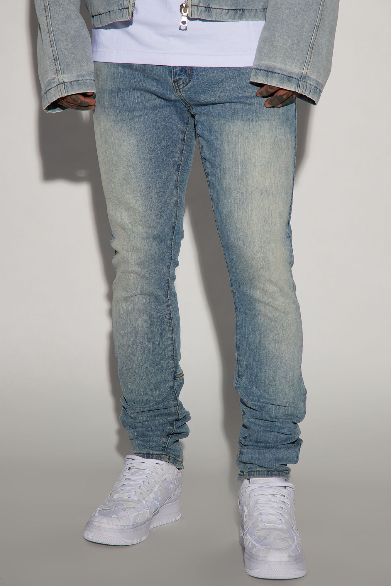 Drop Top Back Zip Stacked Skinny Jeans - Vintage Wash